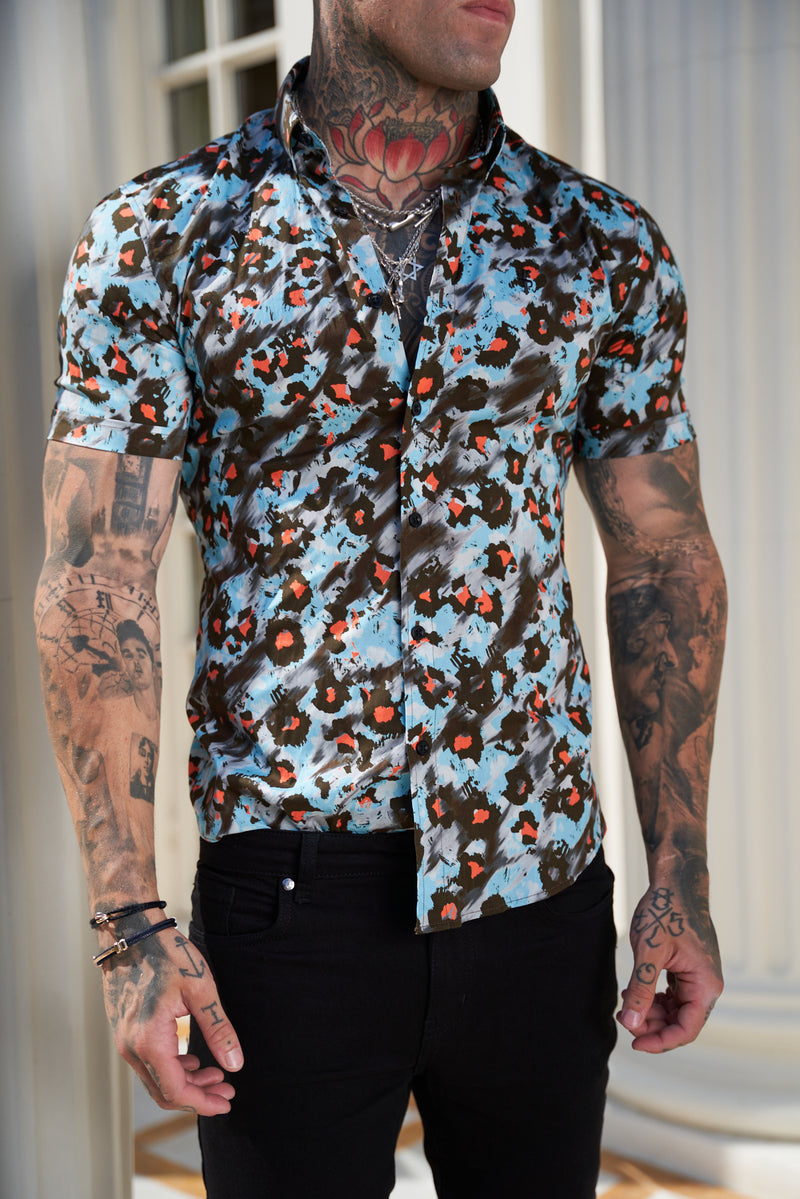 Father Sons Super Slim Stretch Multi Colour Abstract Leopard Print Short Sleeve with Button Down Collar - FS790