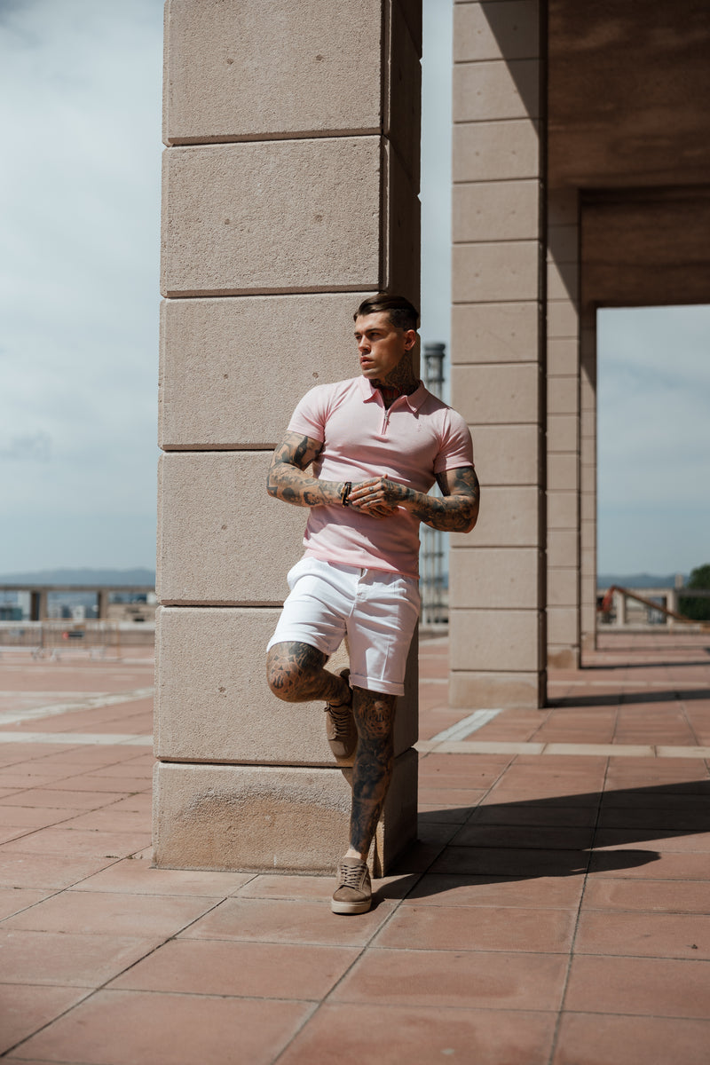 Father Sons Classic Pale Pink Merino Wool Knitted Zip Polo Short Sleeve Sweater With FS Embroidery- FSN029