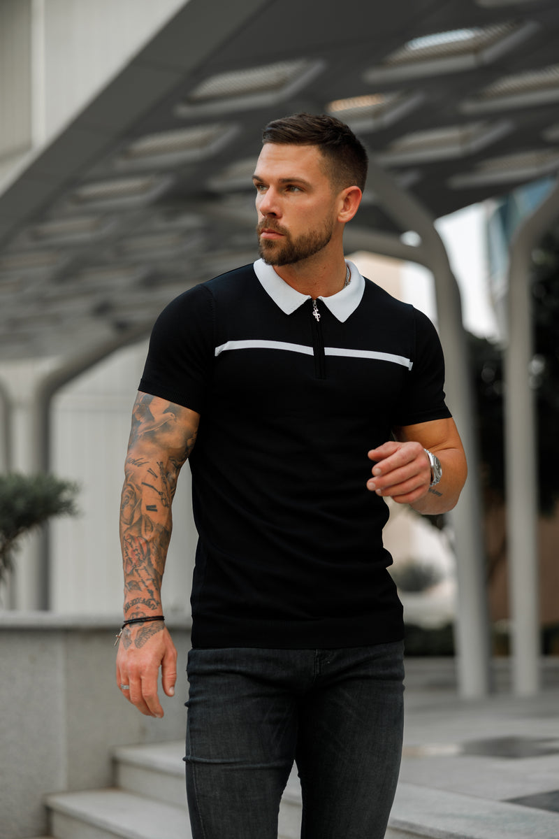 Father Sons Classic Black / White Horizontal Stripe Zipped Polo Short Sleeve - FSN038