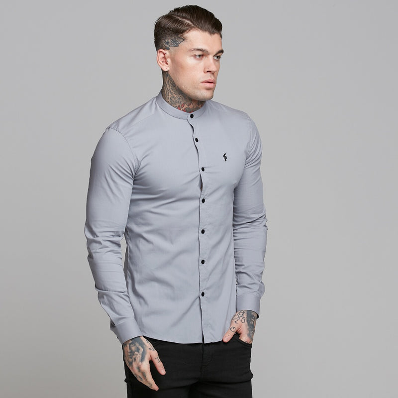 Father Sons Super Slim Stretch Classic Silver Grey Grandad Collar - FS289