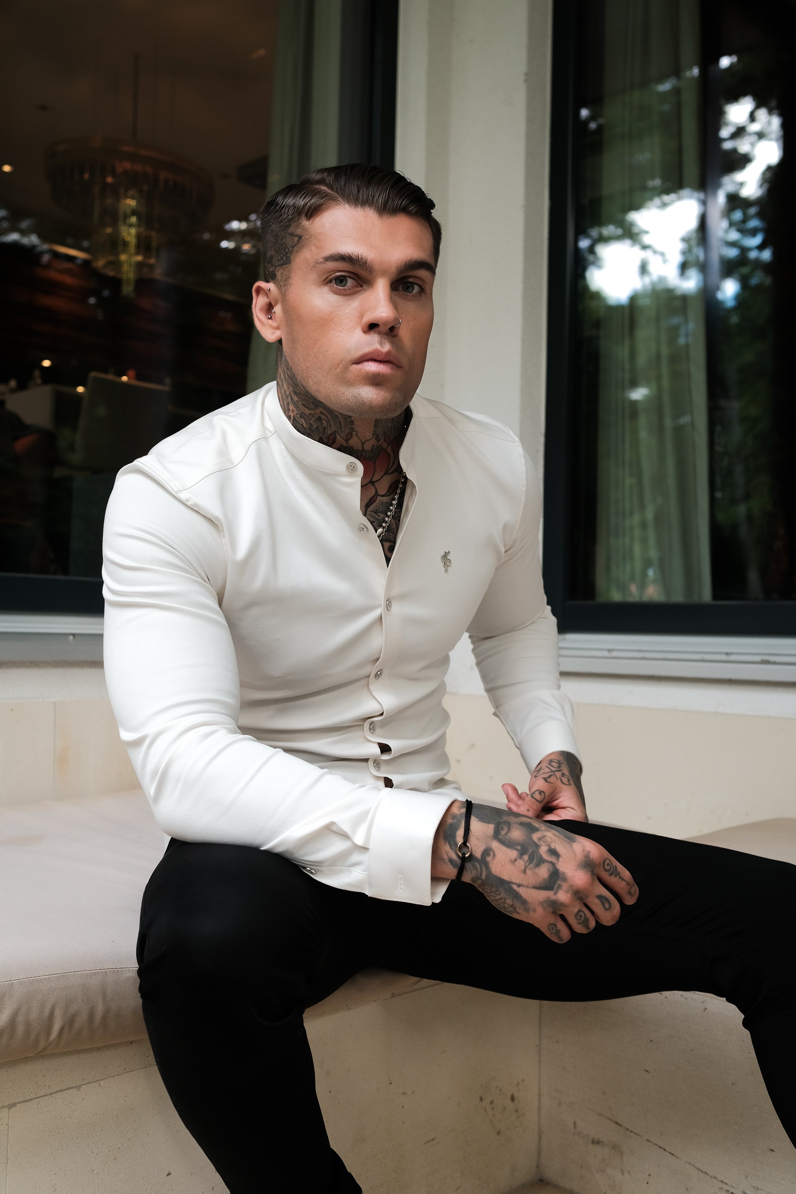Super Slim Stretch Cream Denim Long Sleeve Grandad collar with Metal Buttons and Decal Emblem - FS725