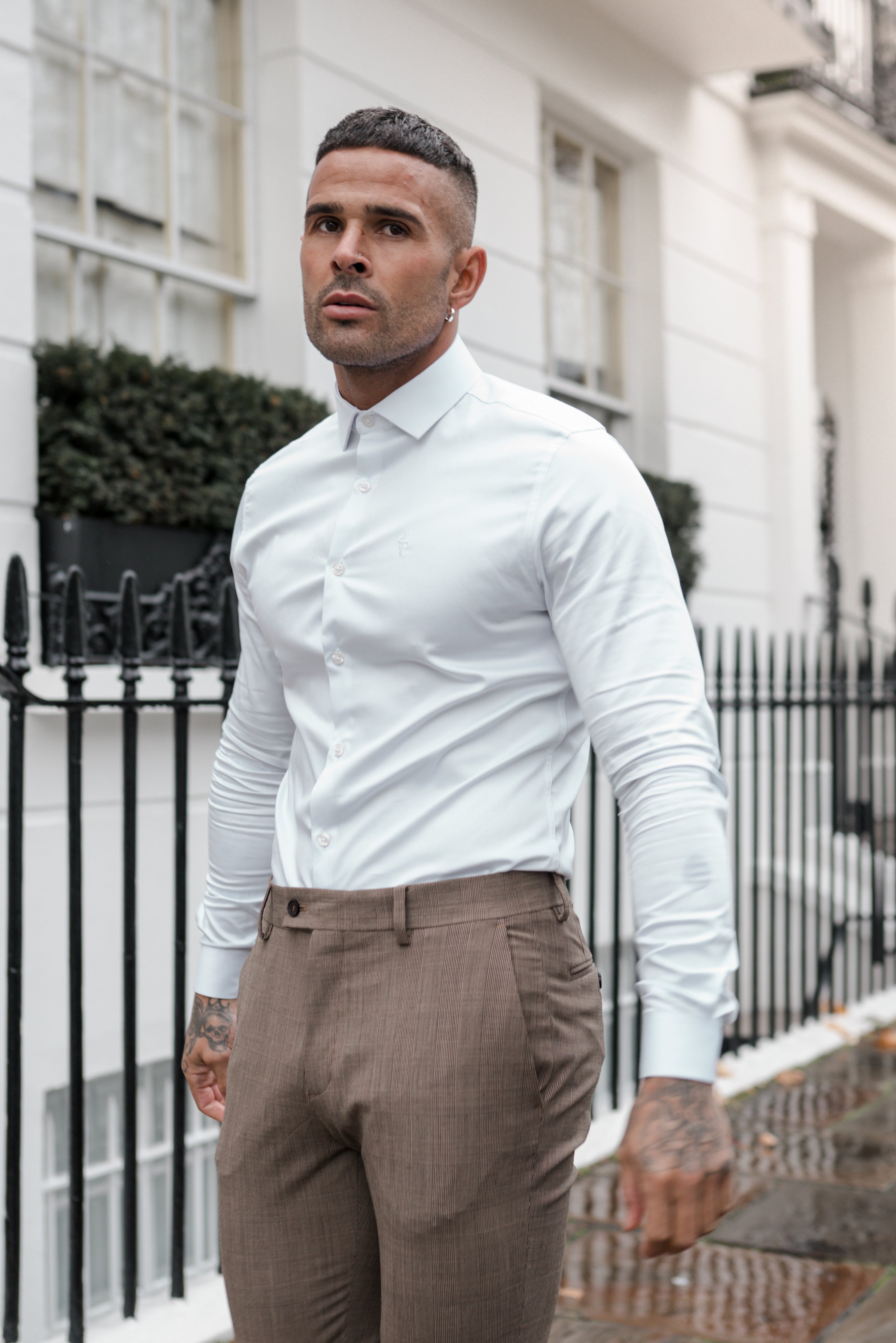 Slim Formal Beige & Black Check Stretch Trousers - FST002 (LAST CHANCE)