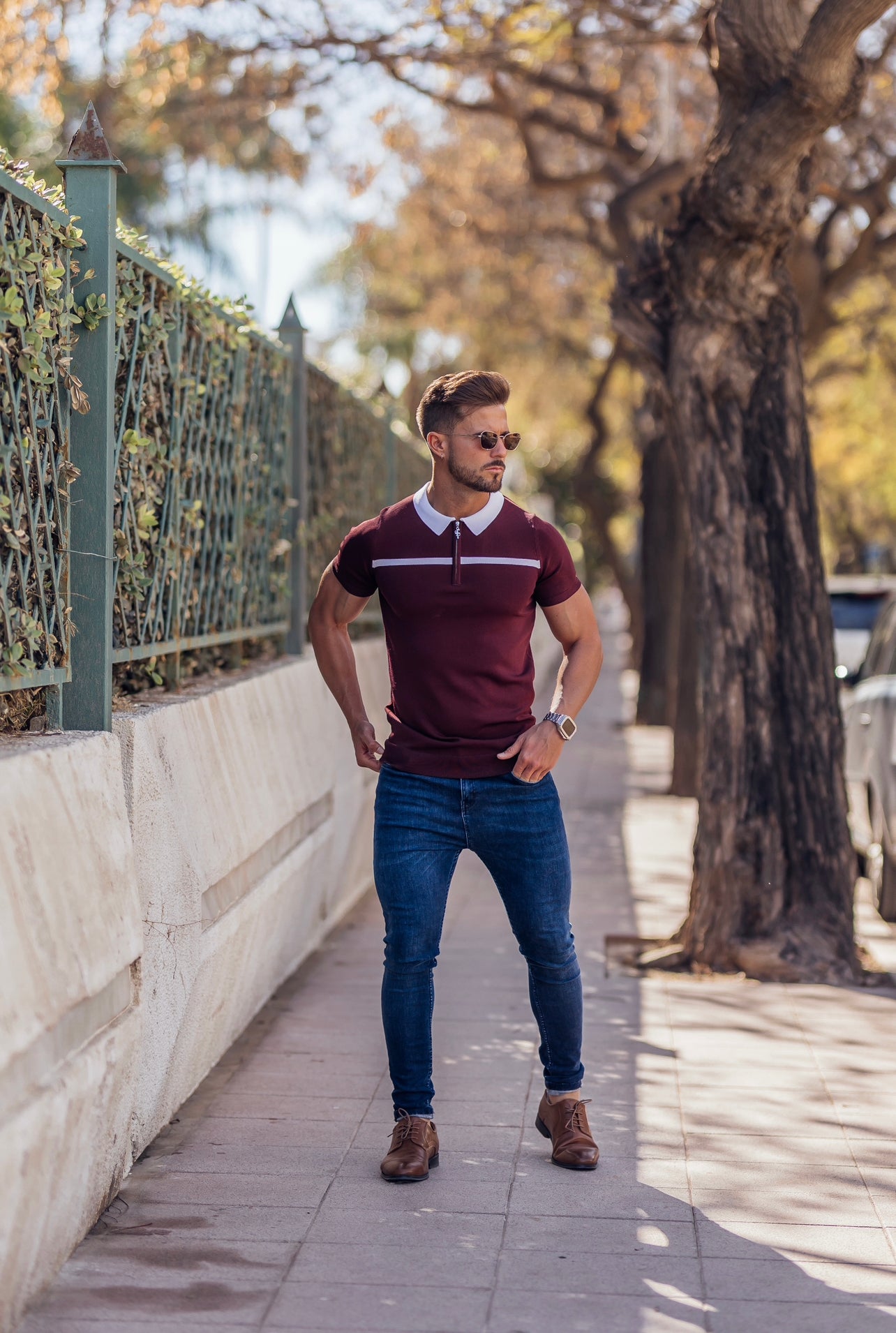 Classic Burgundy / White Horizontal Stripe Zipped Polo Short Sleeve - FSN045