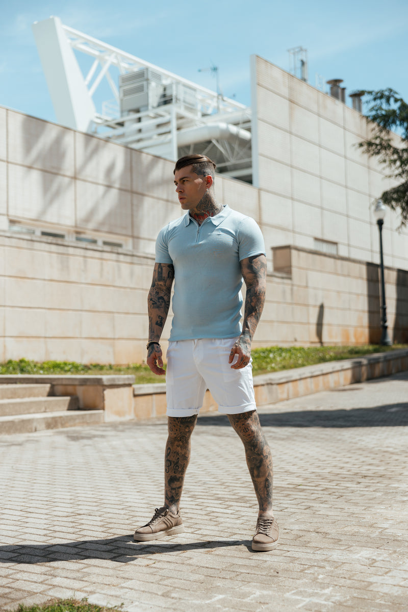 Father Sons Classic Powder Blue Merino Wool Knitted Zip Polo Short Sleeve Sweater With FS Embroidery- FSN031