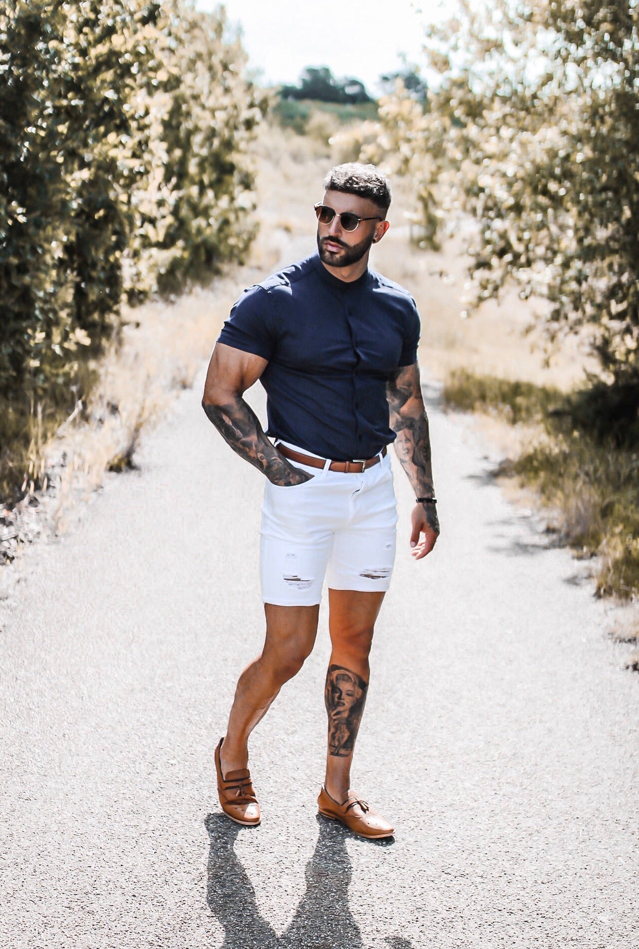 Super Slim Stretch Grandad Collar Short Sleeve Classic Navy Oxford - FS584