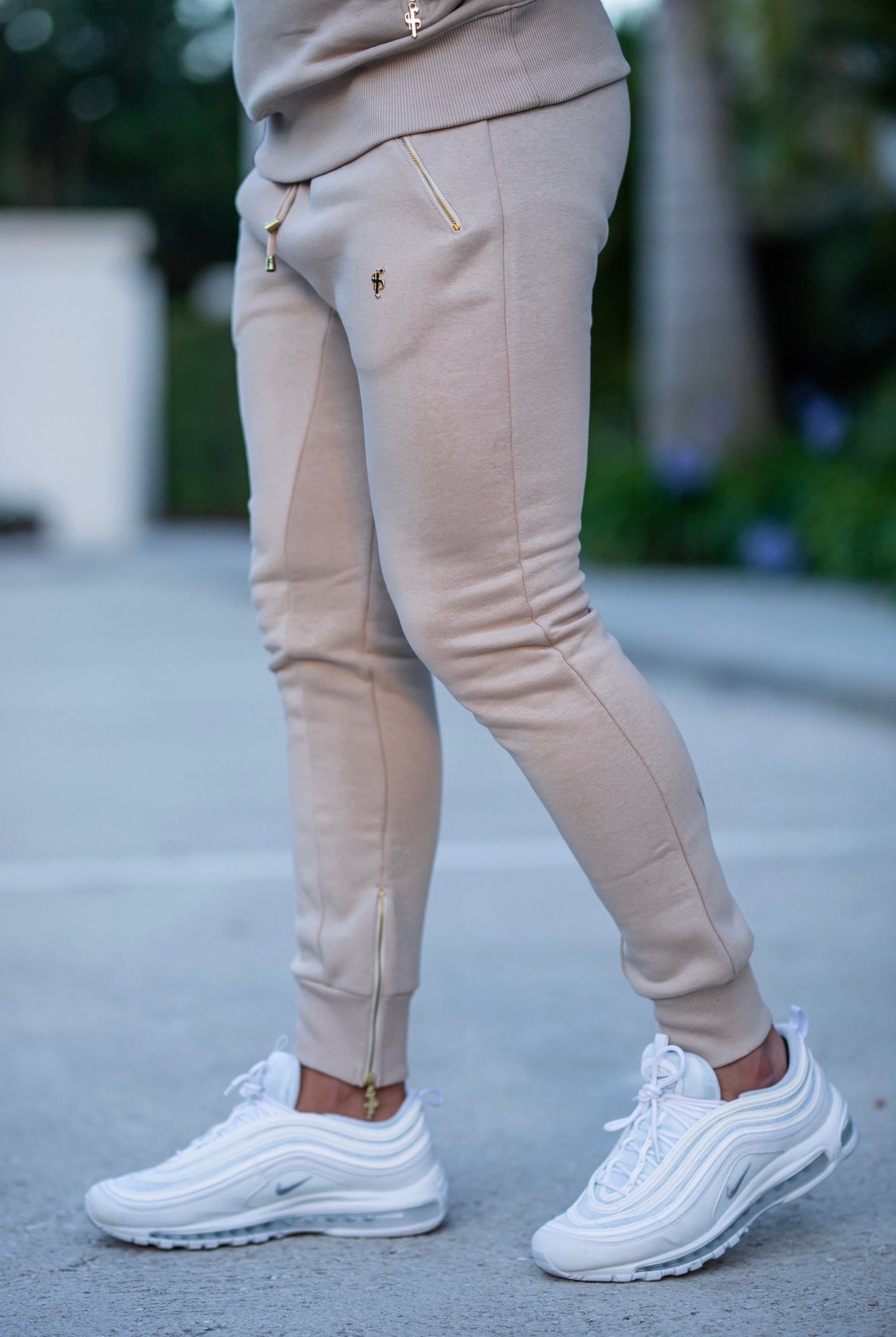 Beige & Gold Overhead Hoodie Top with Zipped Pockets - FSH483