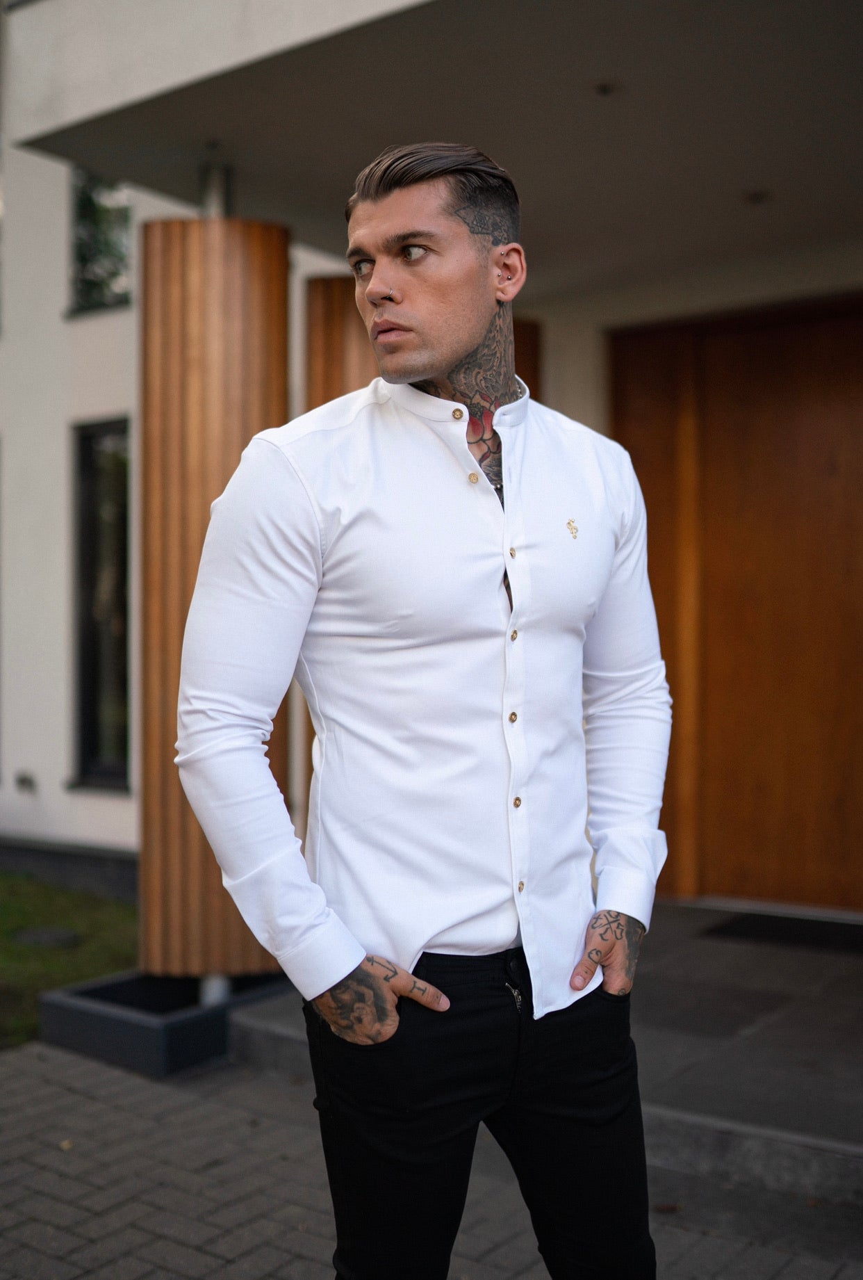 Super Slim Stretch White Denim Long Sleeve Grandad collar with Metal Buttons and Decal Emblem - FS719