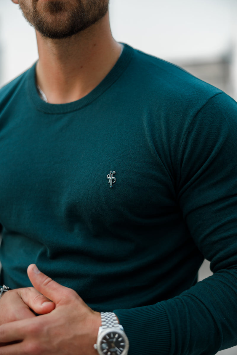 Father Sons Classic Forest Green Light Weight Knitted Crew Neck Sweater with Metal Decal - FSN095