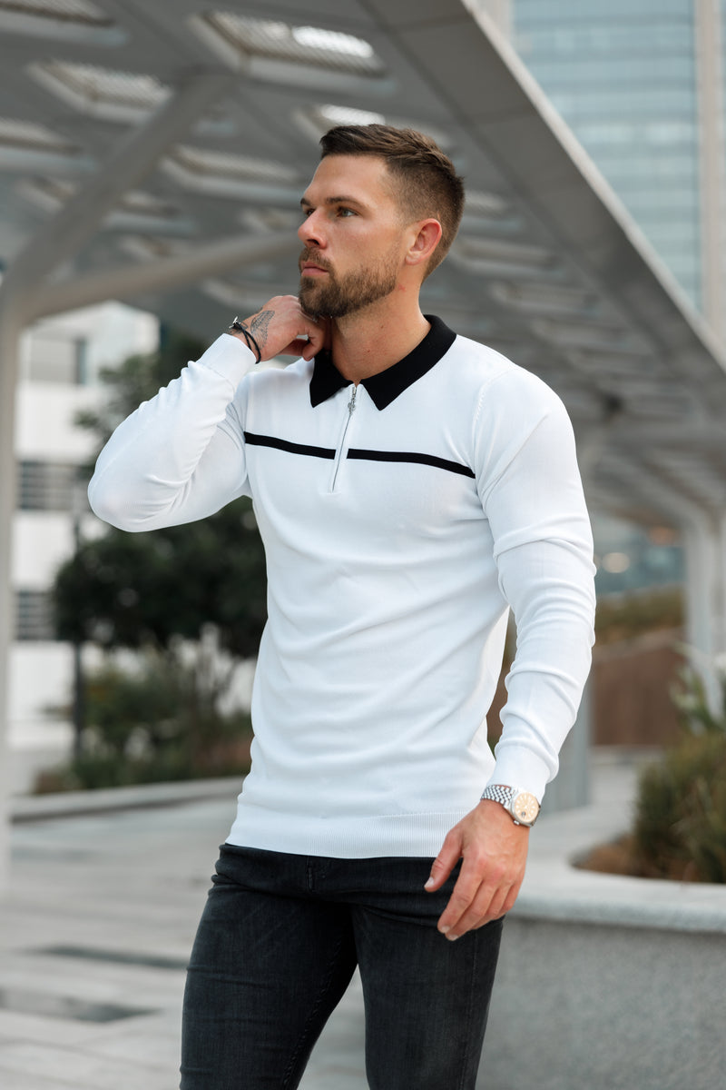 Father Sons Classic White / Black Horizontal Stripe Zipped Polo Long Sleeve - FSN050