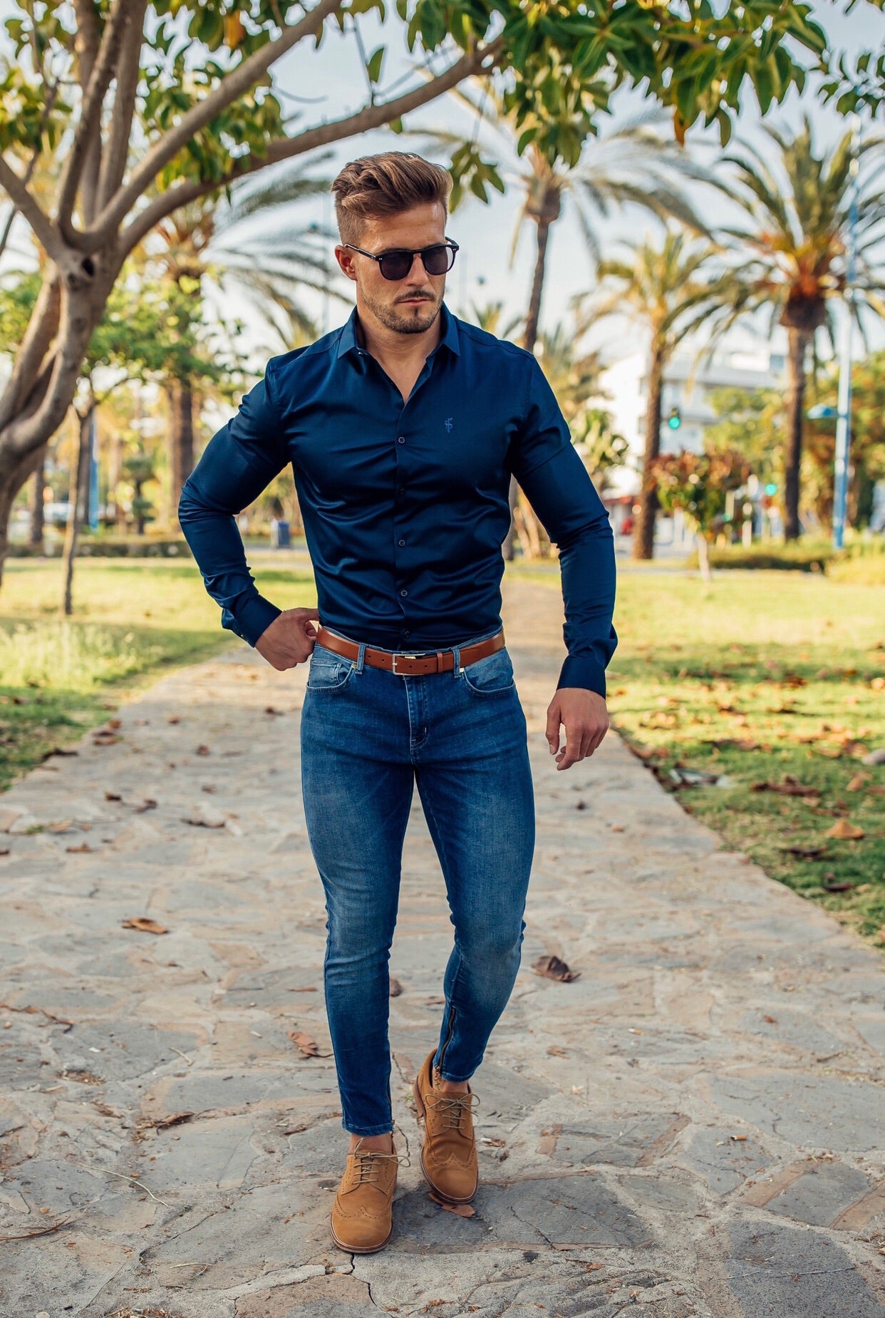 Zipped Ankle Plain Slim Stretch Blue Jeans - FSH181