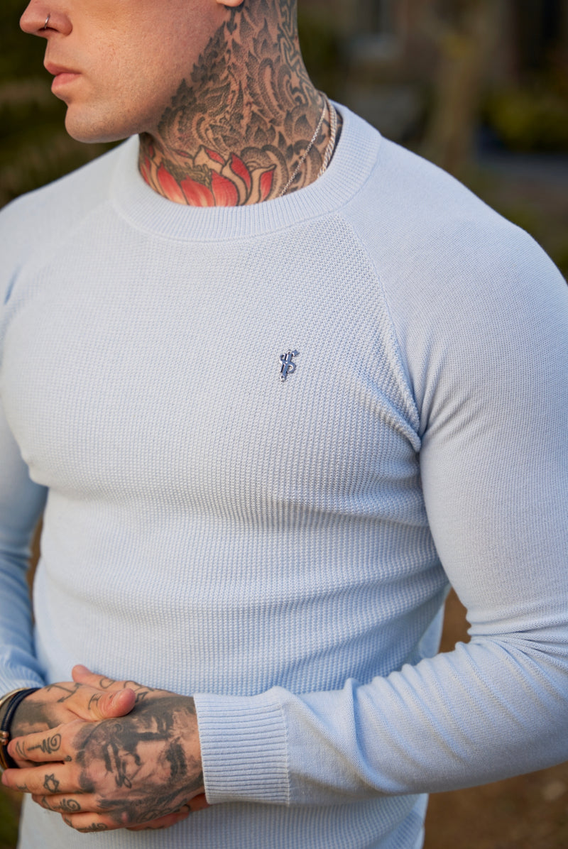 Father Sons Sky Blue Knitted Honeycomb Raglan Crew Super Slim Sweater With Metal Decal - FSN067