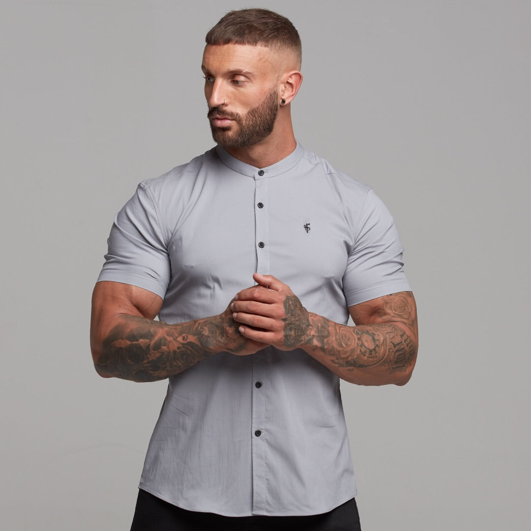 Super Slim Stretch Classic Silver Grey Grandad Collar Short Sleeve - FS288