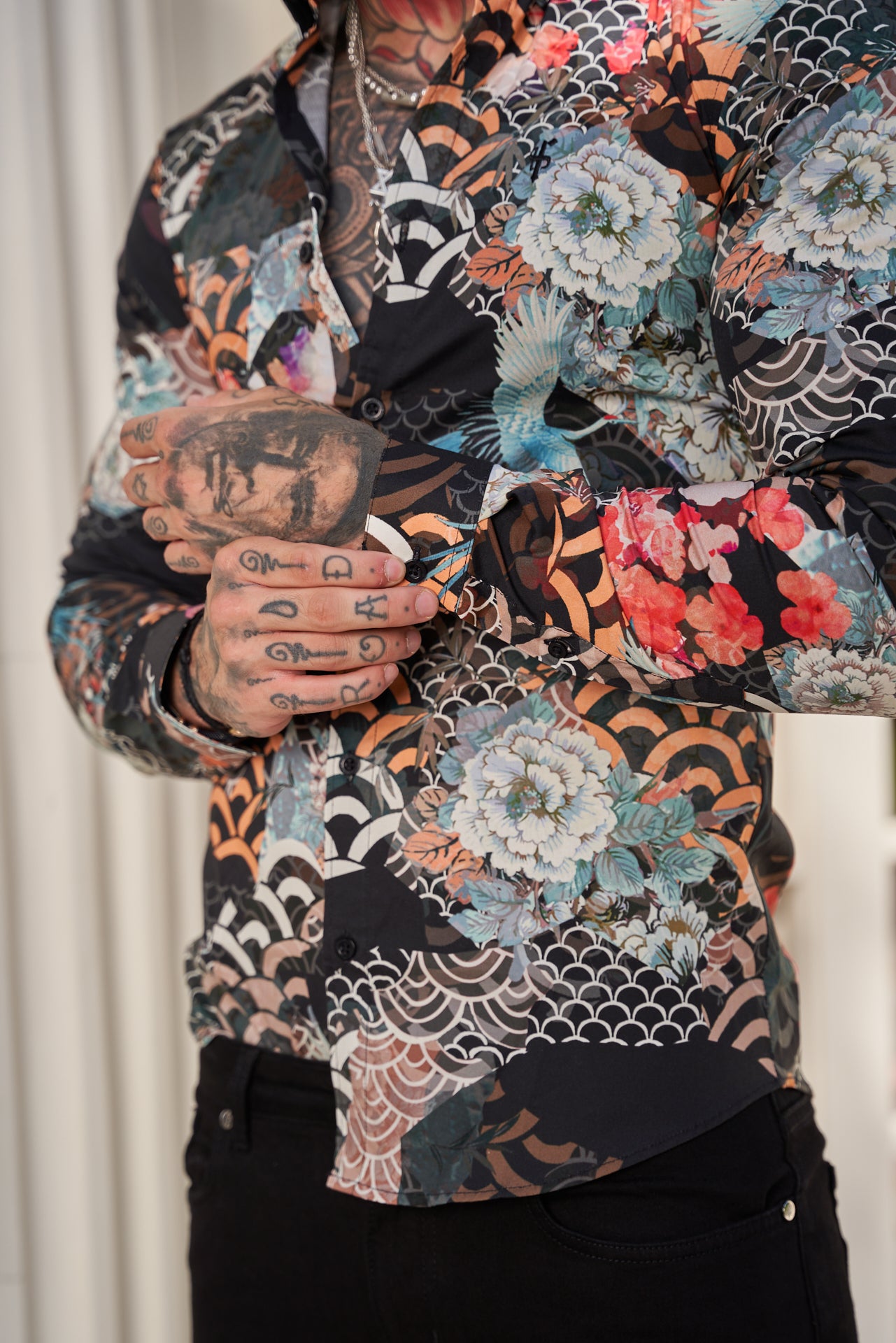 Super Slim Stretch Multi Oriental Print Long Sleeve with Button Down Collar - FS771