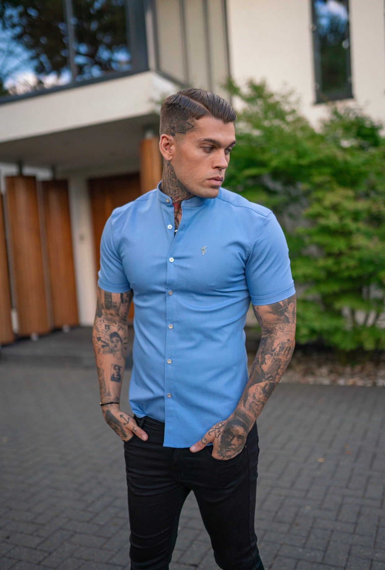 Super Slim Stretch Light Blue Denim Short Sleeve Grandad collar with Silver Metal Buttons and Decal Emblem - FS718
