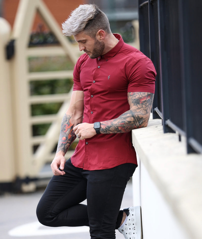 Father Sons Super Slim Stretch Classic Ox Blood Short Sleeve With Button Down Collar -  FS820