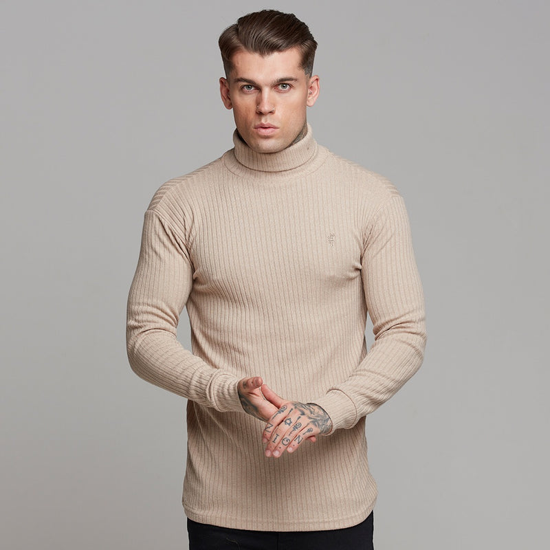Father Sons Classic Beige Ribbed Knit Roll-neck Sweater - FSH292