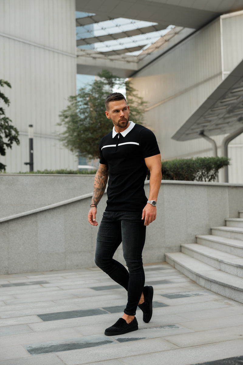 Father Sons Classic Black / White Horizontal Stripe Zipped Polo Short Sleeve - FSN038