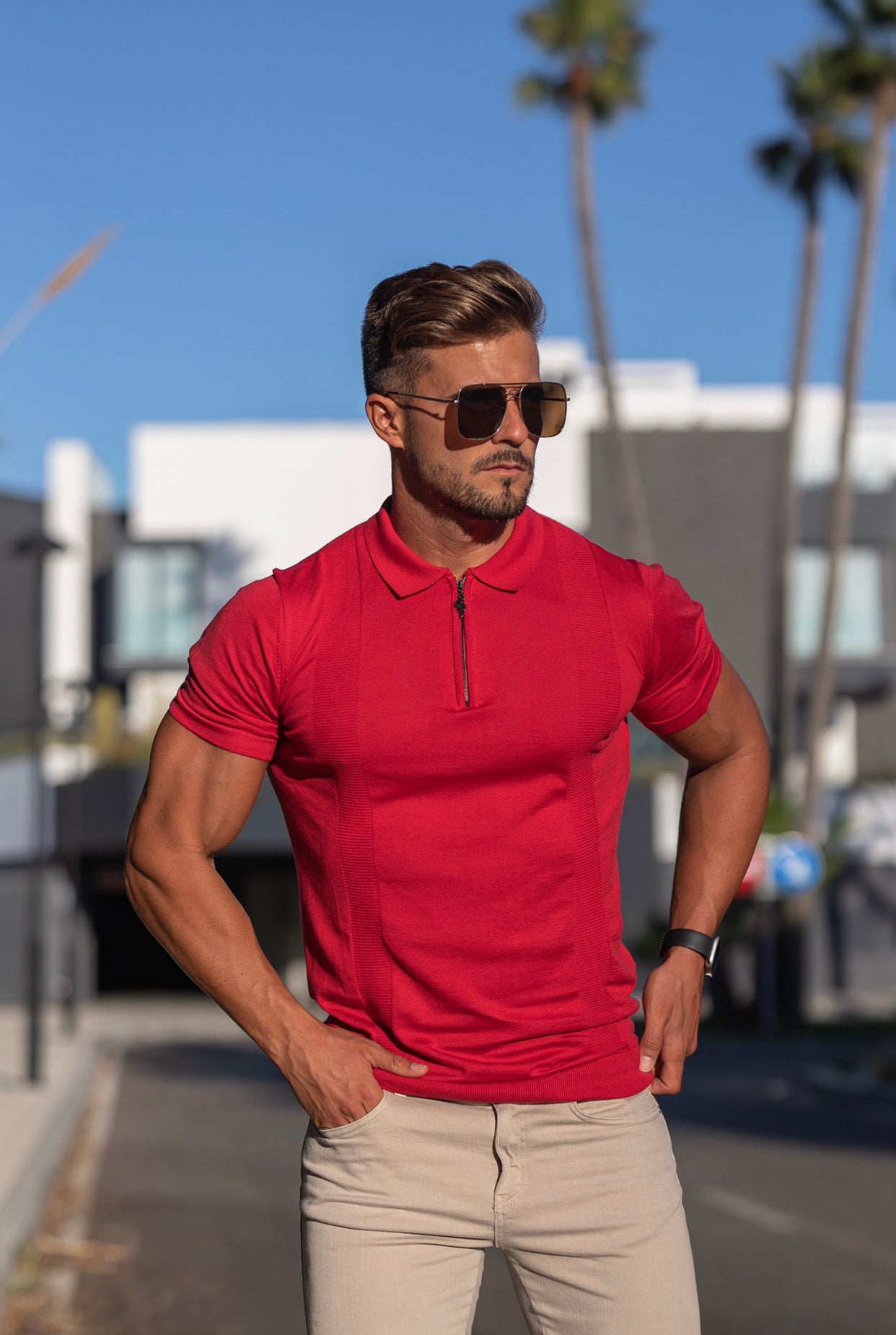 Classic Red and Black Zip Knitted Short Sleeve Polo - FSH467