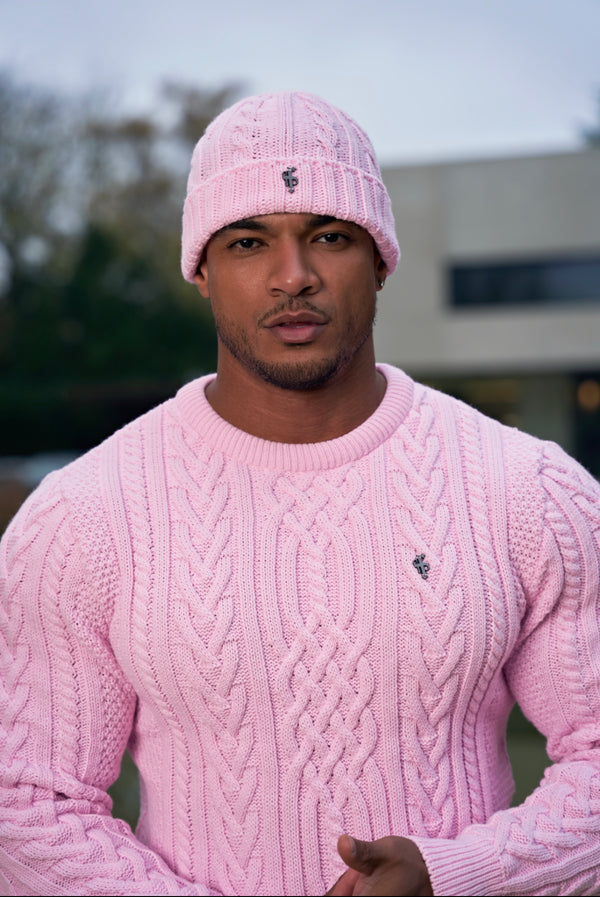 Father Sons Bright Pink Twisted Braid Weave Super Slim Sweater With Gunmetal Decal - FSJ041