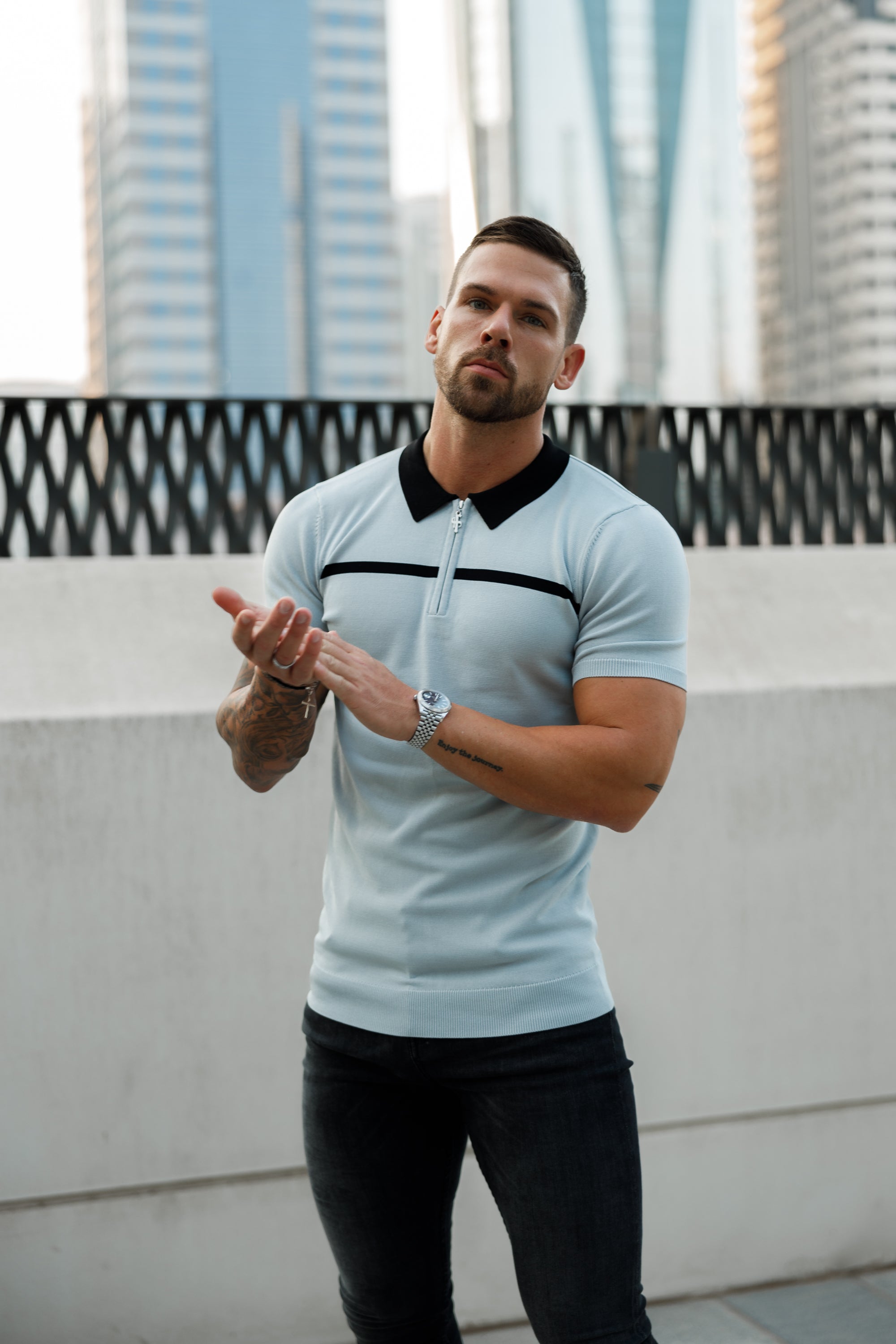 Classic Silver Grey / Black Horizontal Stripe Zipped Polo Short Sleeve - FSN040