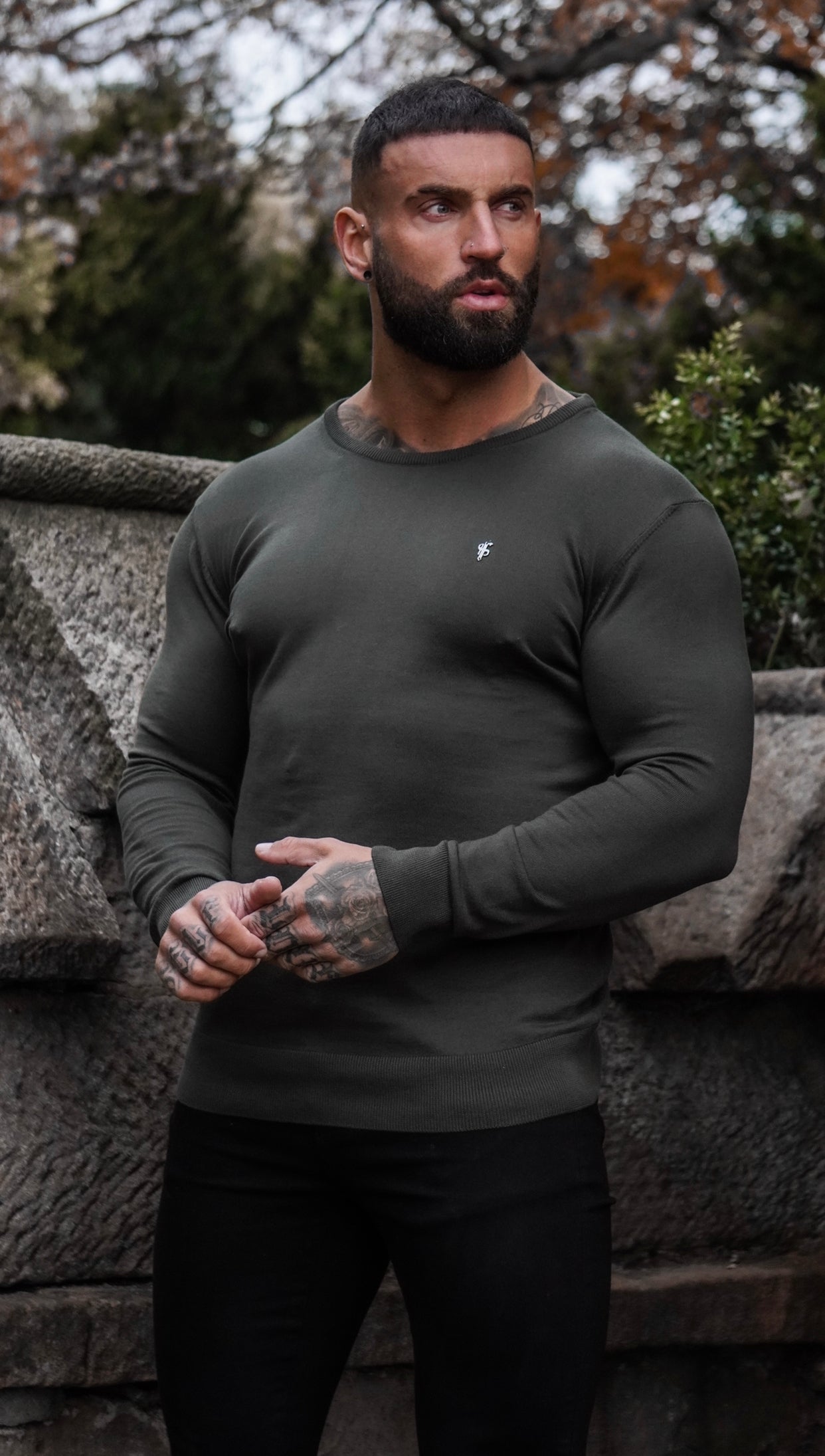 Classic Khaki Crew Neck Knitted Jumper with Gunmetal Emblem - FSH671