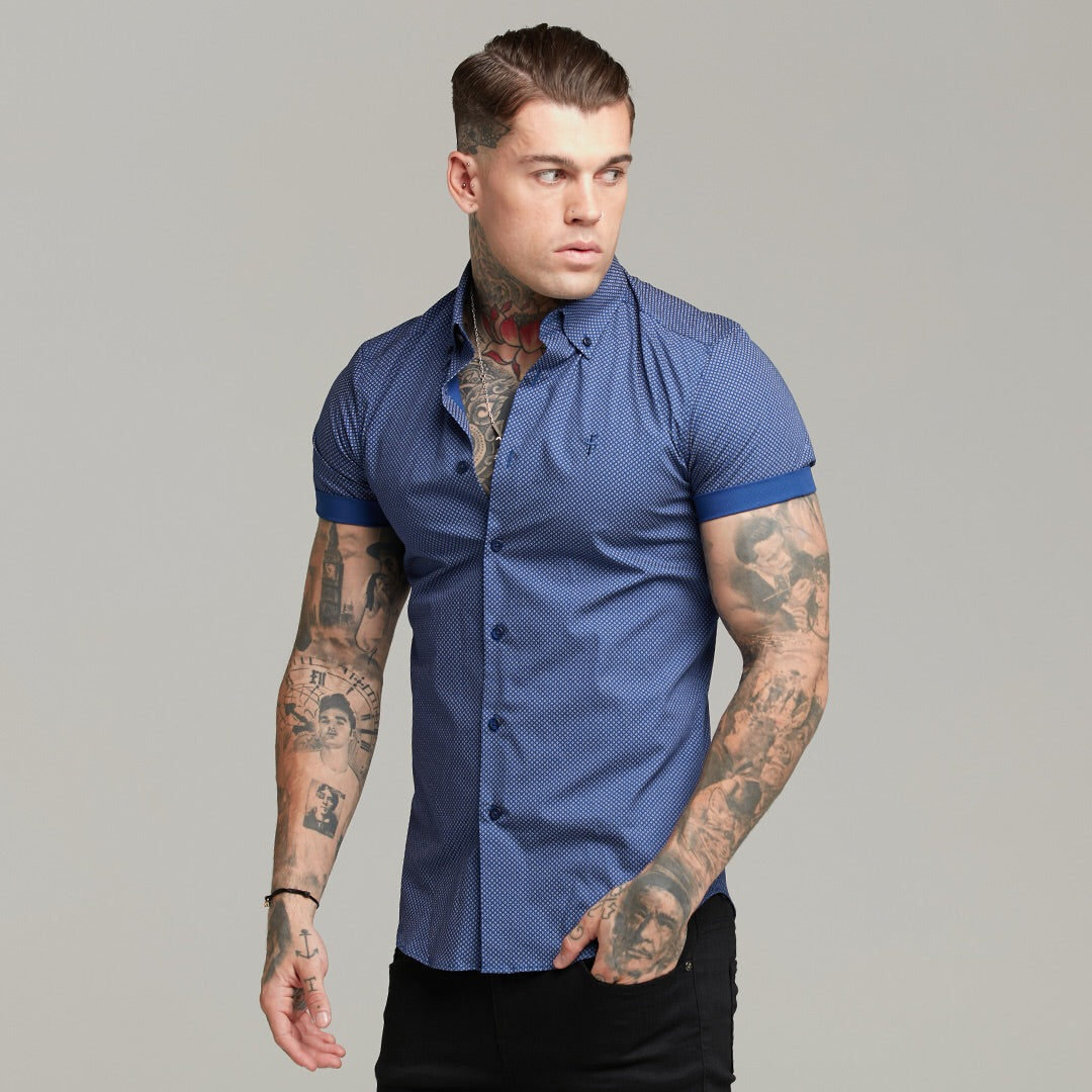 Classic Navy Print Short Sleeve Button Down - FS607