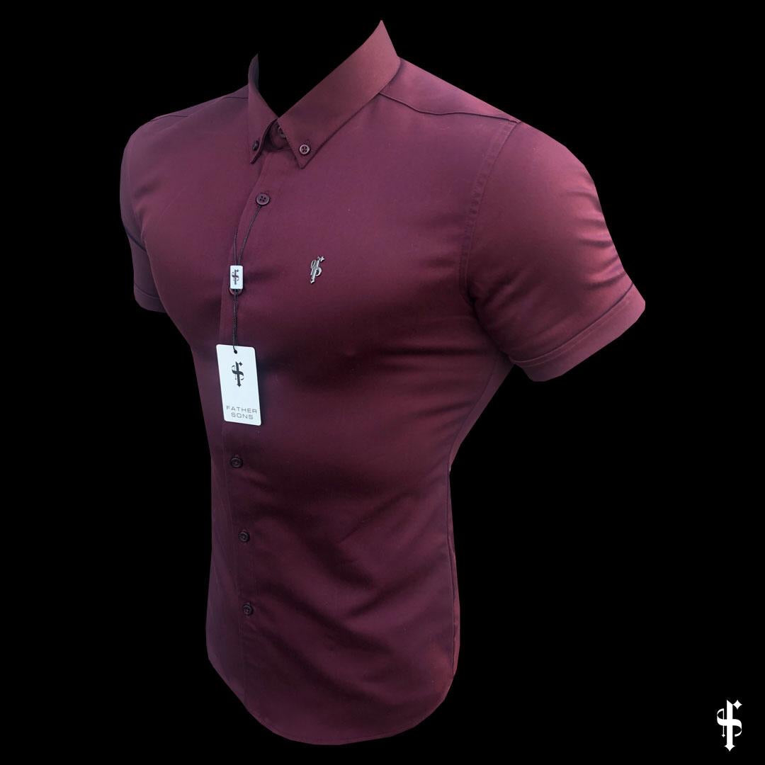 Super Slim Stretch Burgundy Denim Short Sleeve with Metal Decal Emblem - FS629