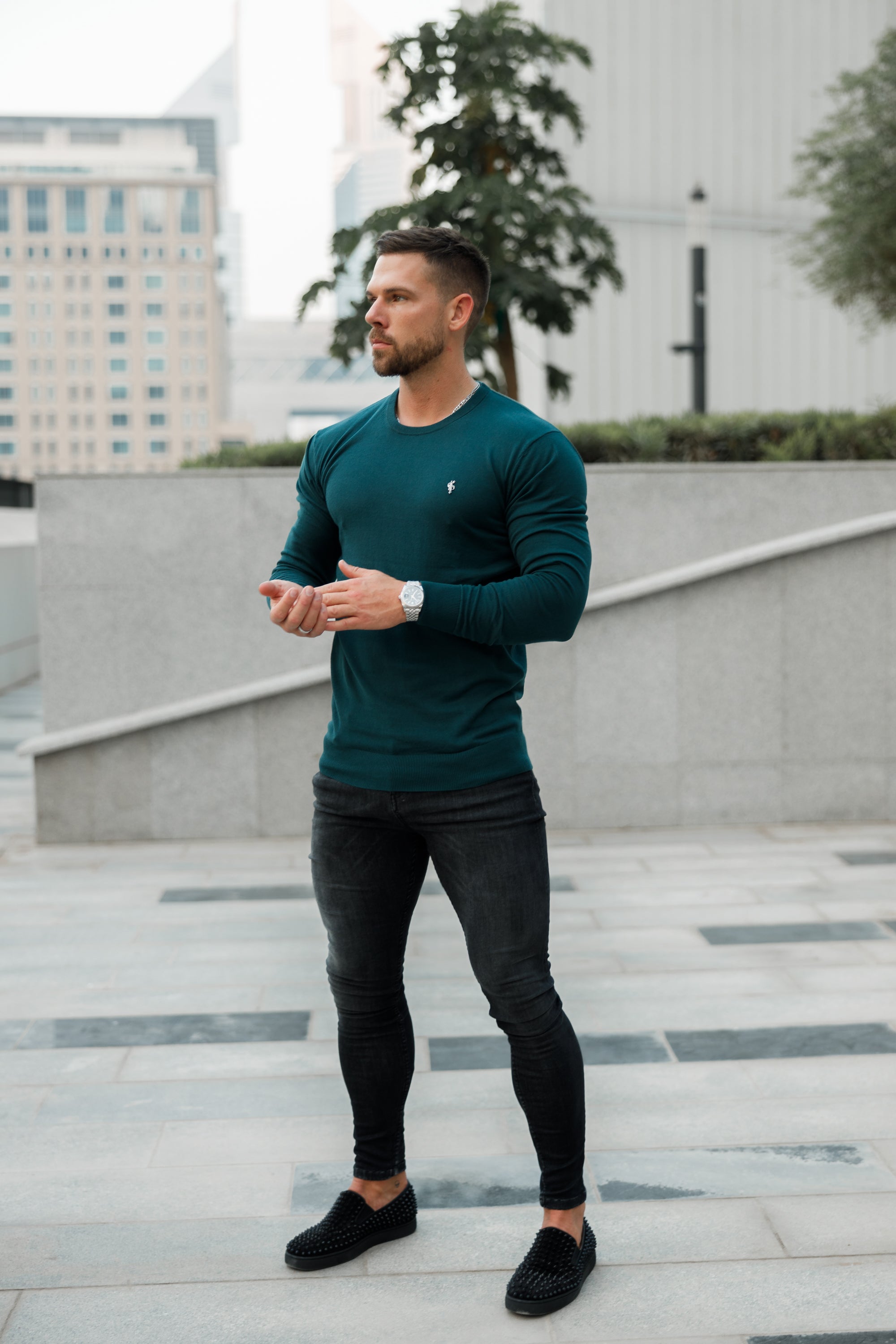 Father Sons Classic Forest Green Light Weight Knitted Crew Neck Sweater with Metal Decal - FSN095