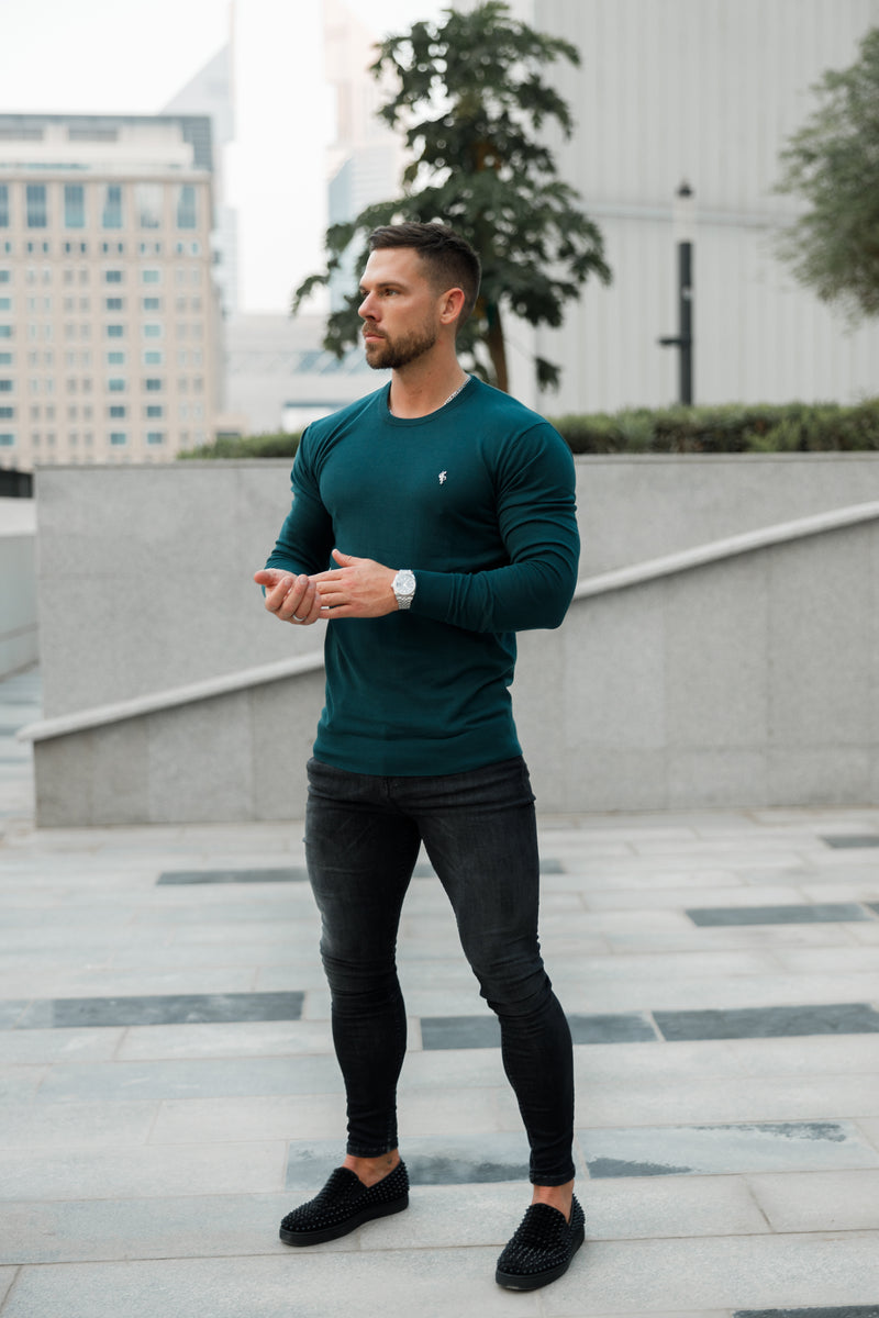 Father Sons Classic Forest Green Light Weight Knitted Crew Neck Sweater with Metal Decal - FSN095