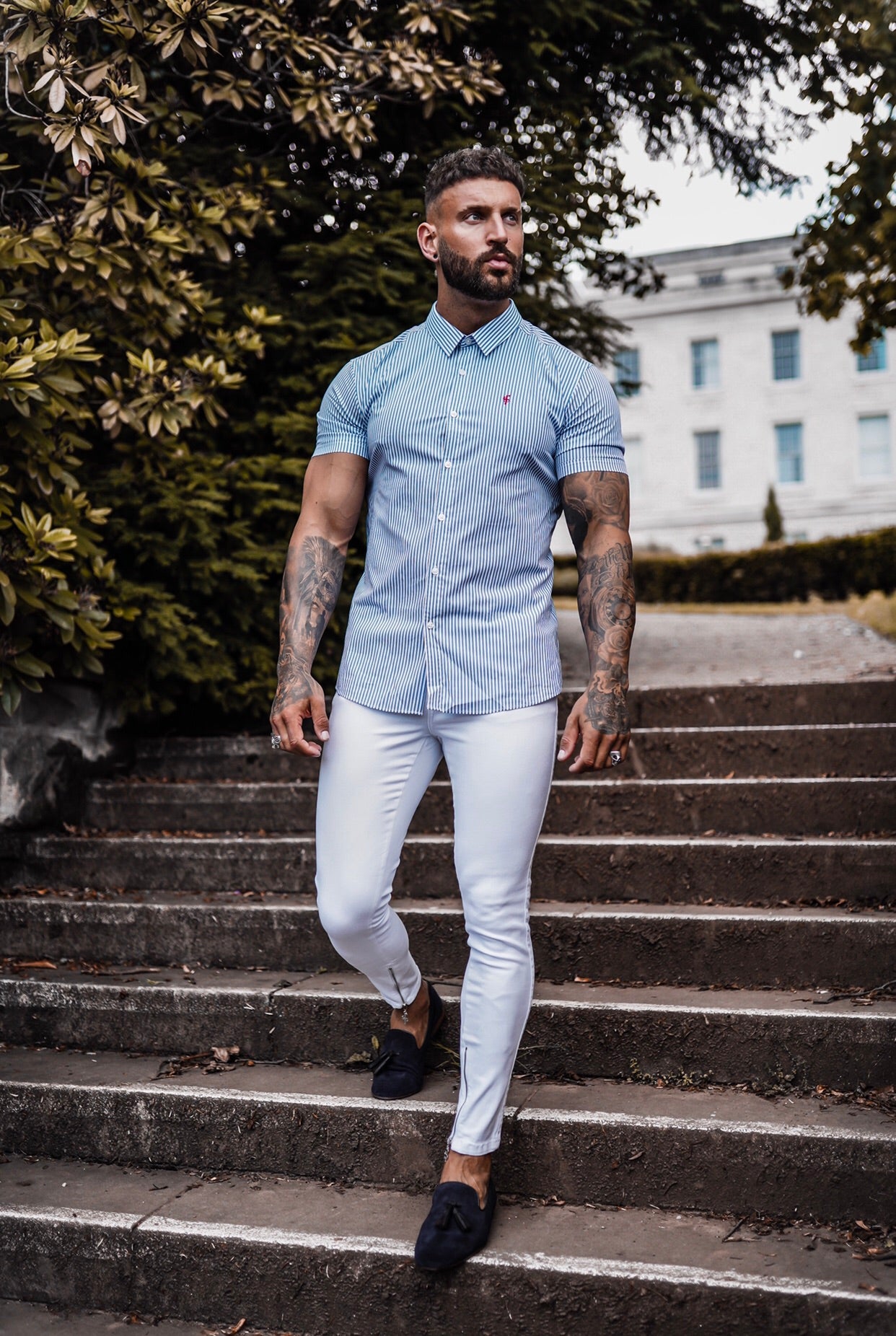 Super Slim Stretch Navy & White Stripe Short Sleeve Regular  Stretch(Red Emblem) - FS573