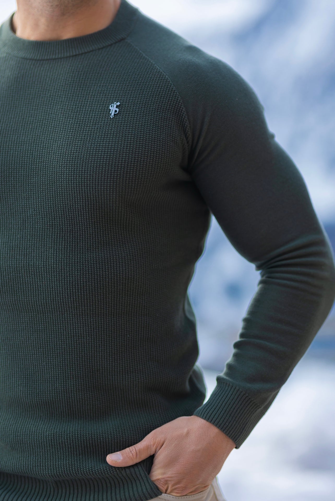 Father Sons Khaki Knitted Honeycomb Raglan Crew Super Slim Sweater With Metal Decal - FSN064