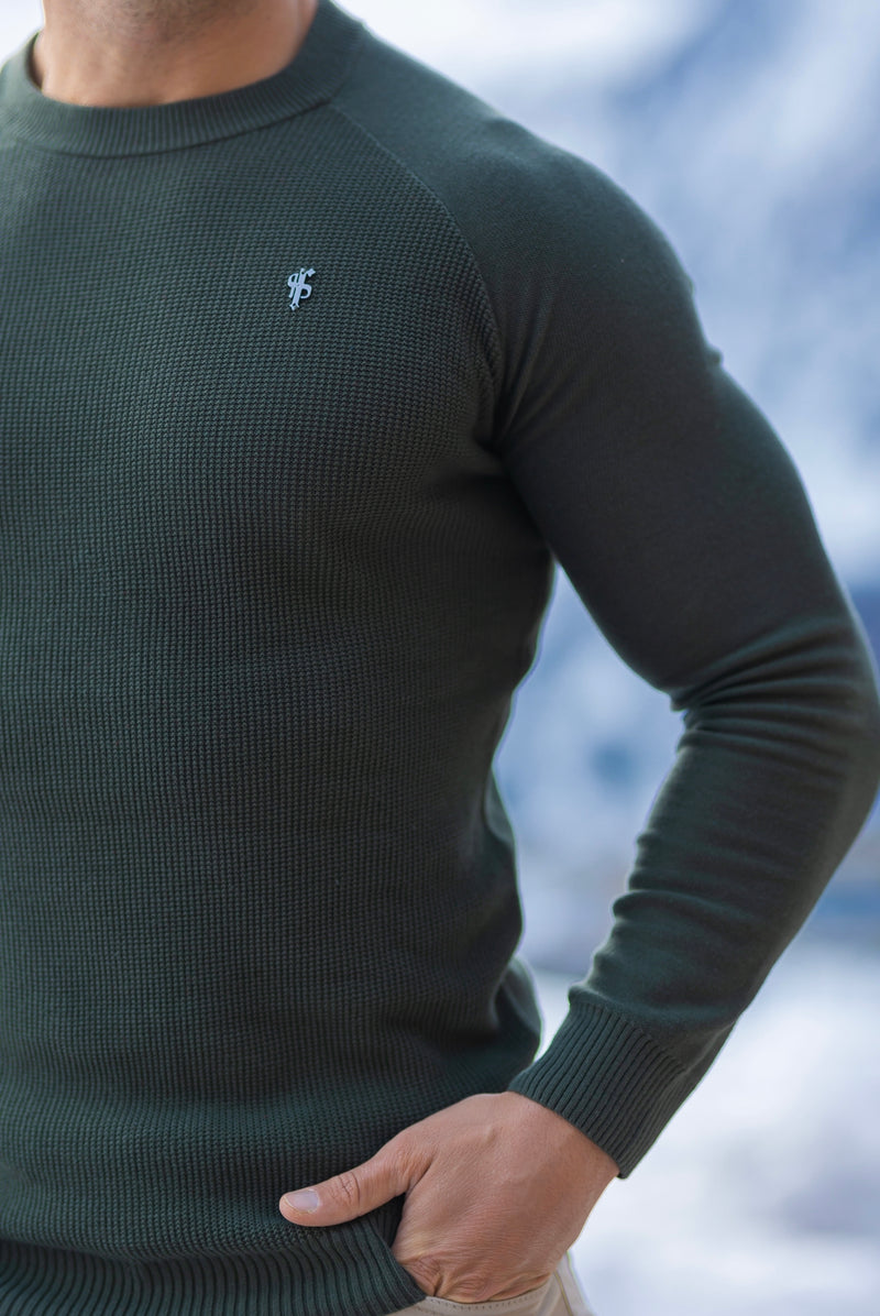 Father Sons Khaki Knitted Honeycomb Raglan Crew Super Slim Sweater With Metal Decal - FSN064