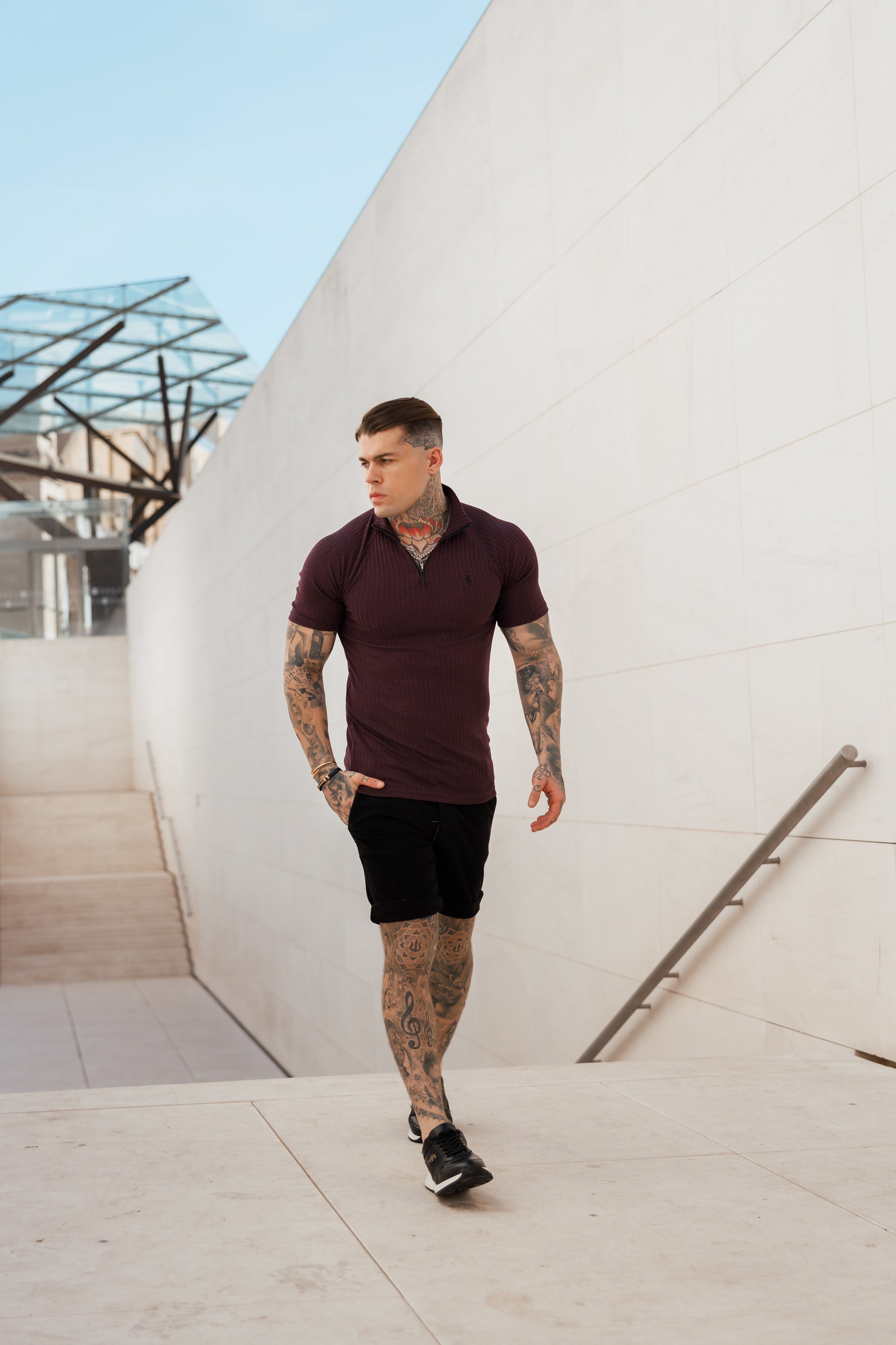 Classic Plum Ribbed Zip Funnel Neck Raglan Short Sleeve Crew - FSH732