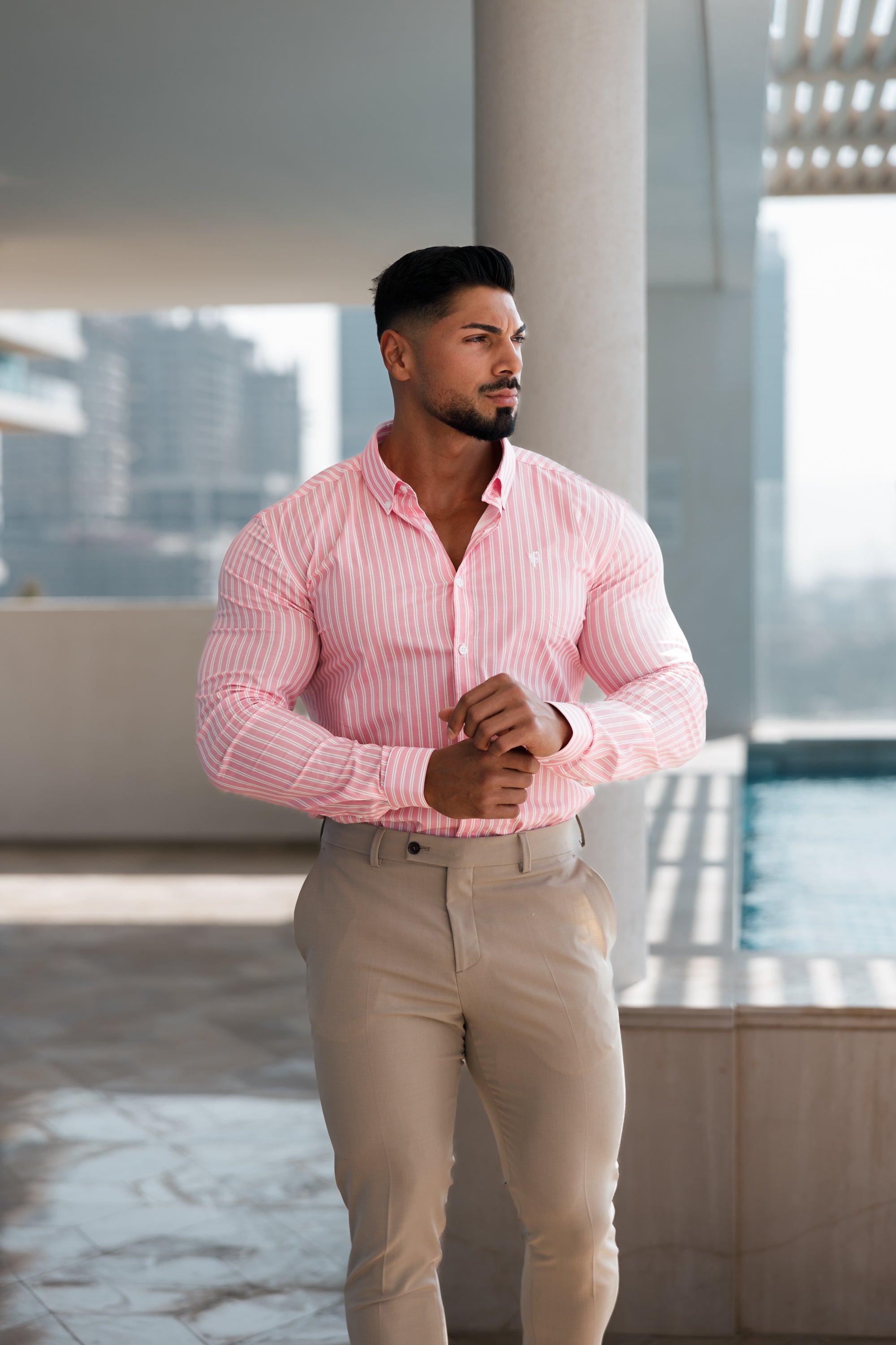 Super Slim Stretch White / Pink Stripe Print Long Sleeve with Button Down Collar - FS888