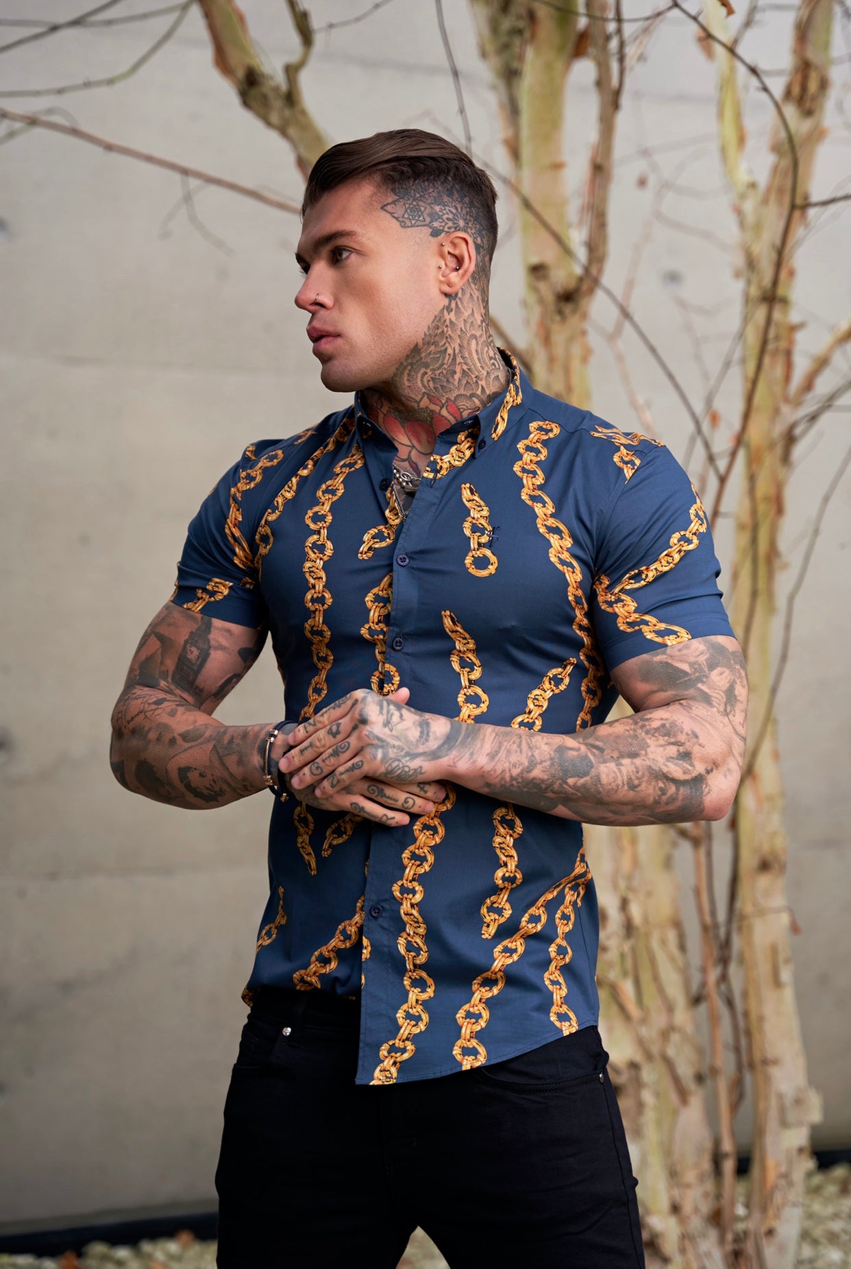 Super Slim Stretch Airforce Blue / Gold Chain Print Short Sleeve with Button Down Collar - FS860