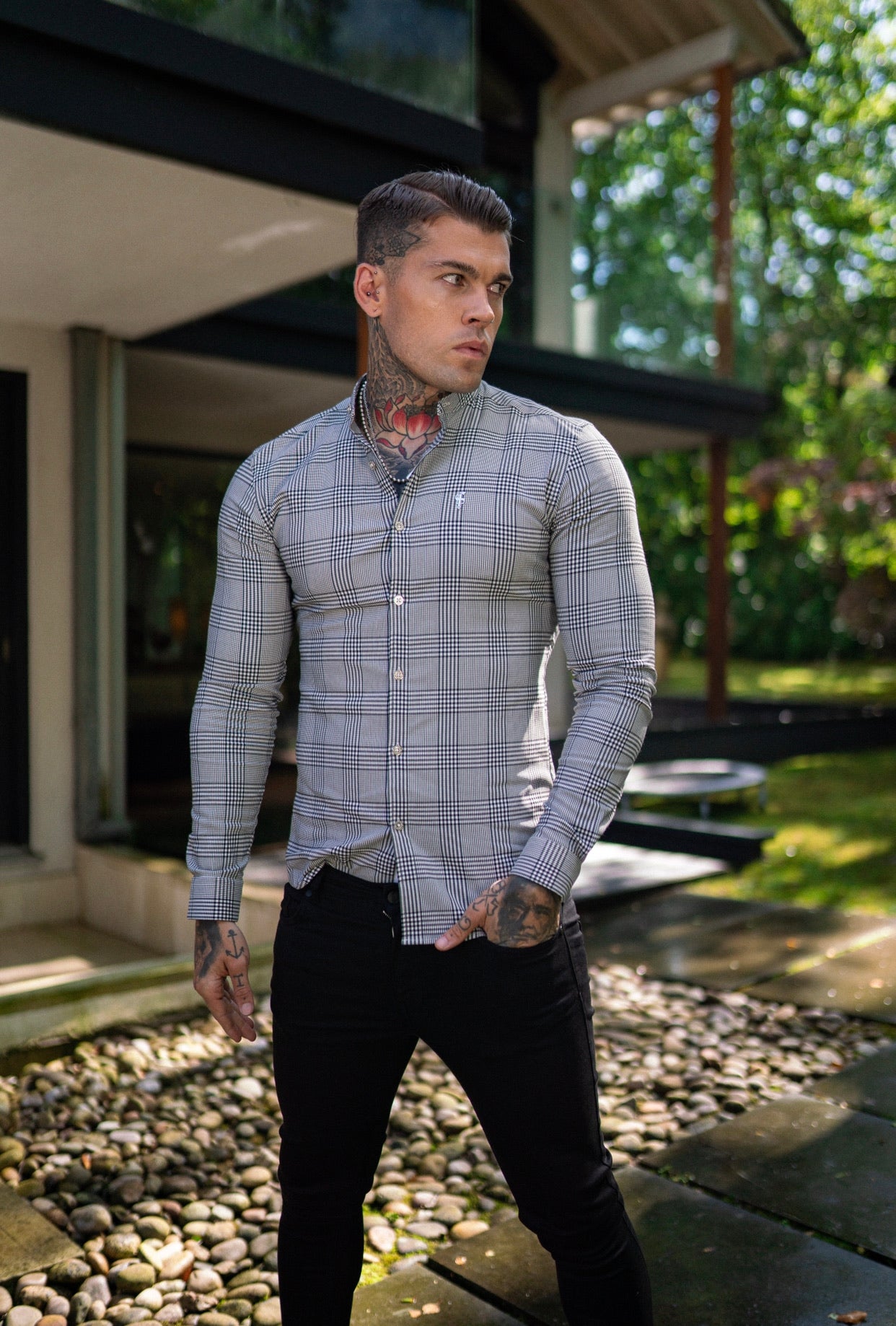Super Slim Stretch Prince Of Wales White and Black Check Long Sleeve Grandad Collar with Metal Buttons and Emblem- FS733