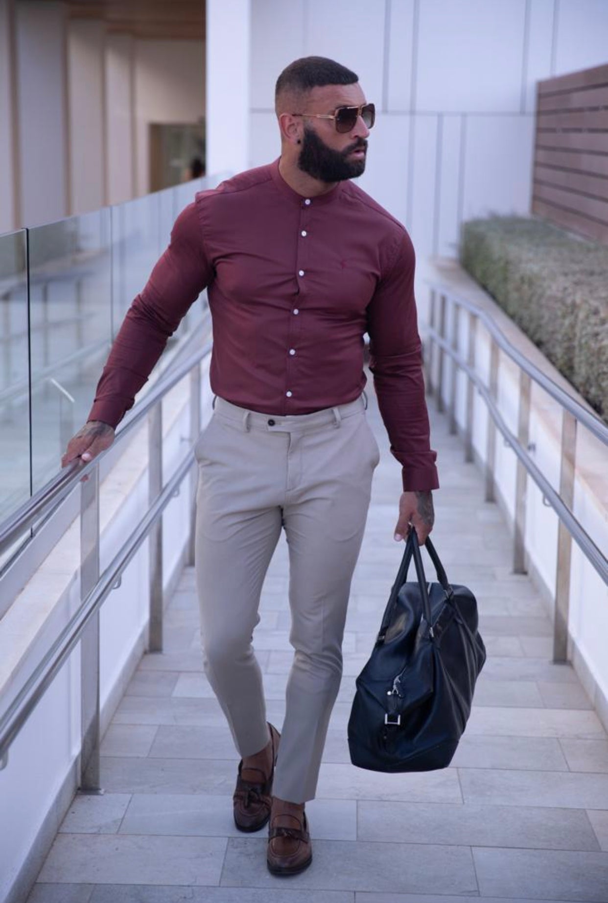 Super Slim Luxe Ultra Stretch Classic Burgundy Long Sleeve with Grandad Collar - FS784
