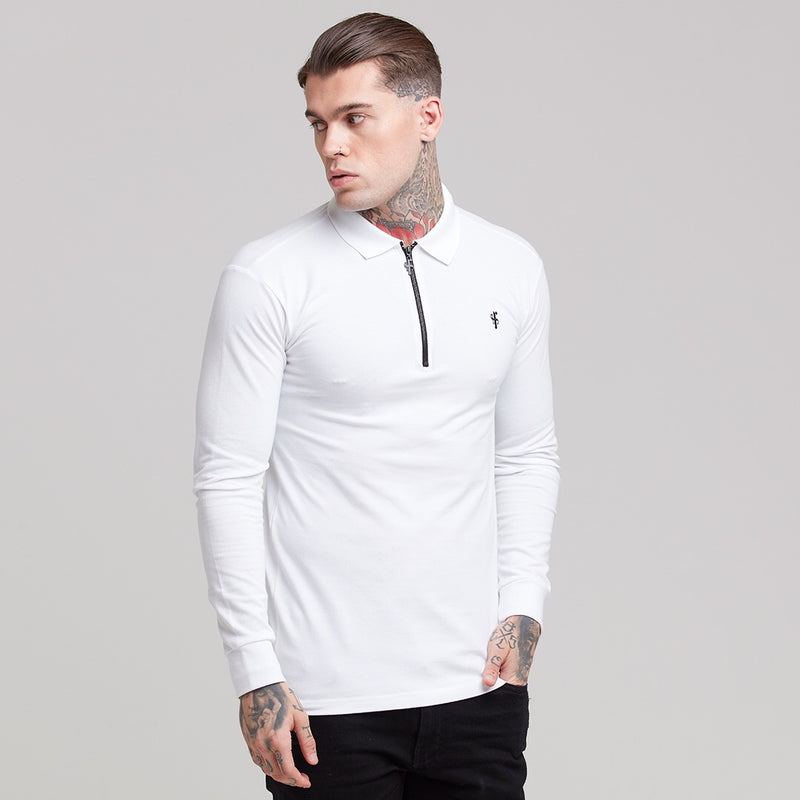 Father Sons Classic White Zipped Long Sleeve Polo Shirt - FSH300