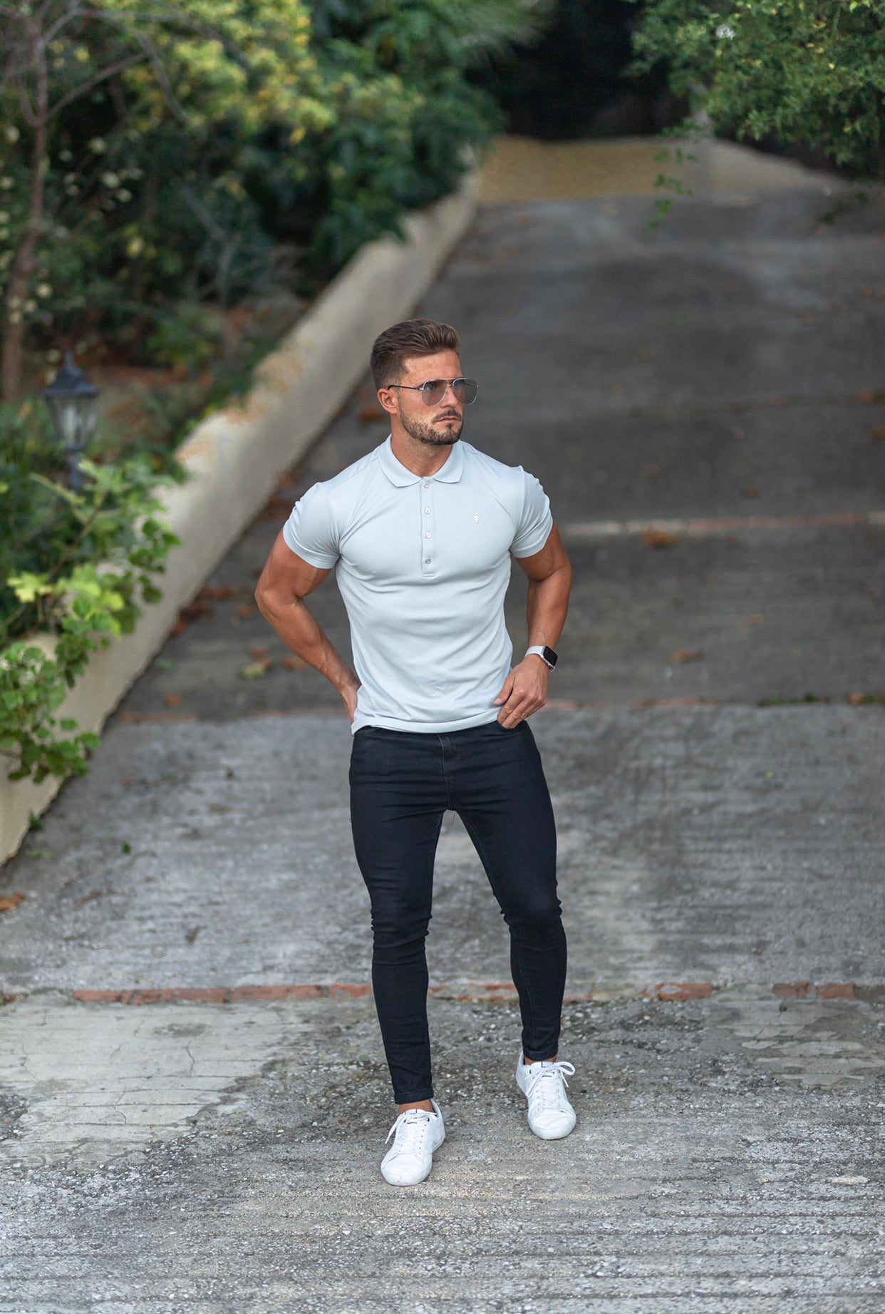 Classic Light Grey Pima Polo Shirt with Metal Buttons and Emblem Short Sleeve  - FSH527