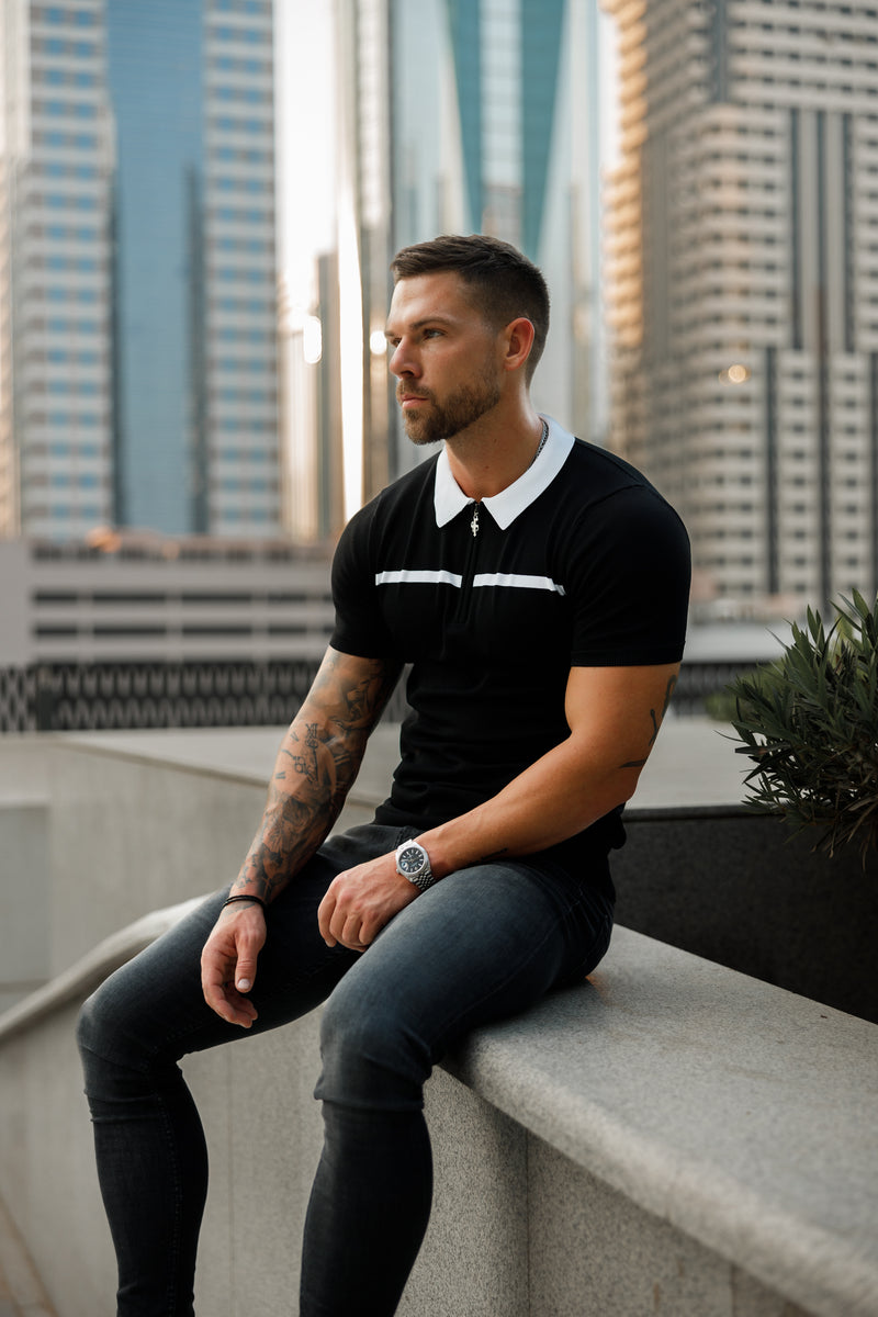 Father Sons Classic Black / White Horizontal Stripe Zipped Polo Short Sleeve - FSN038