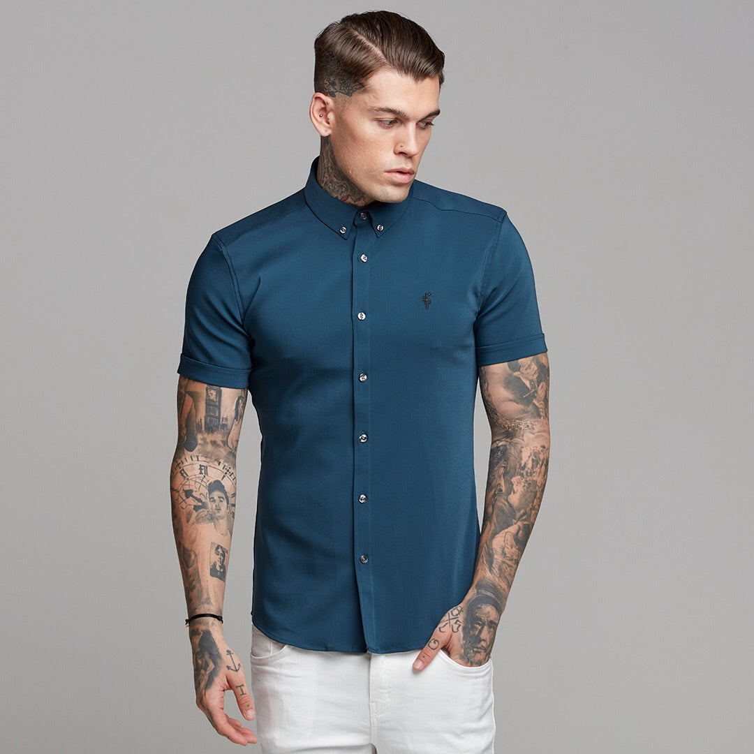 Super Slim Ultra Stretch Classic Teal Short Sleeve (Charcoal Buttons) -  FS485