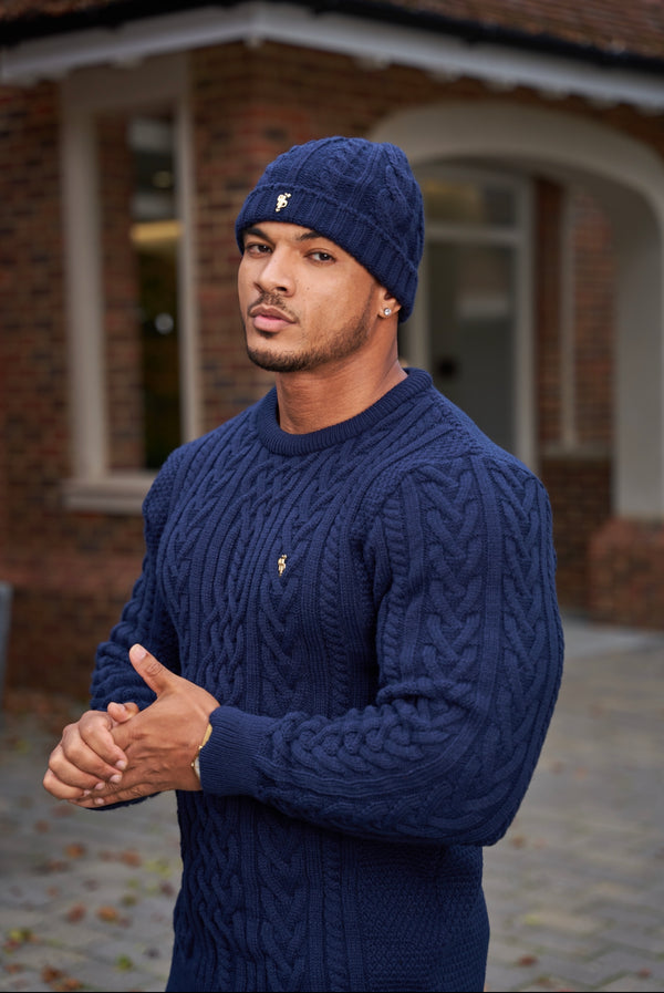Father Sons Navy Twisted Braid Weave Super Slim Sweater With Gold Decal - FSJ036