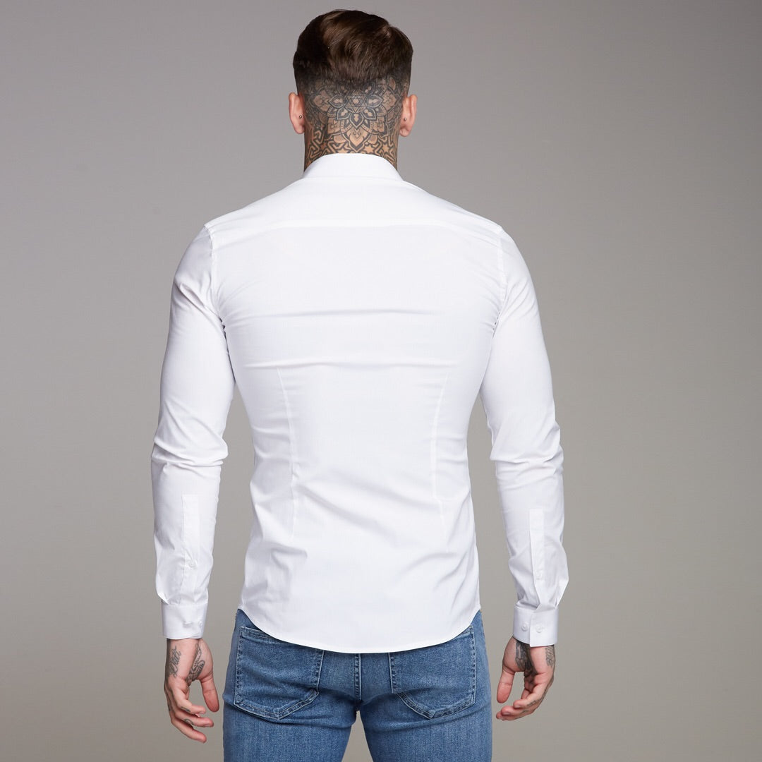 Super Slim Stretch Classic White Shirt (Black Embroidery) - FS516