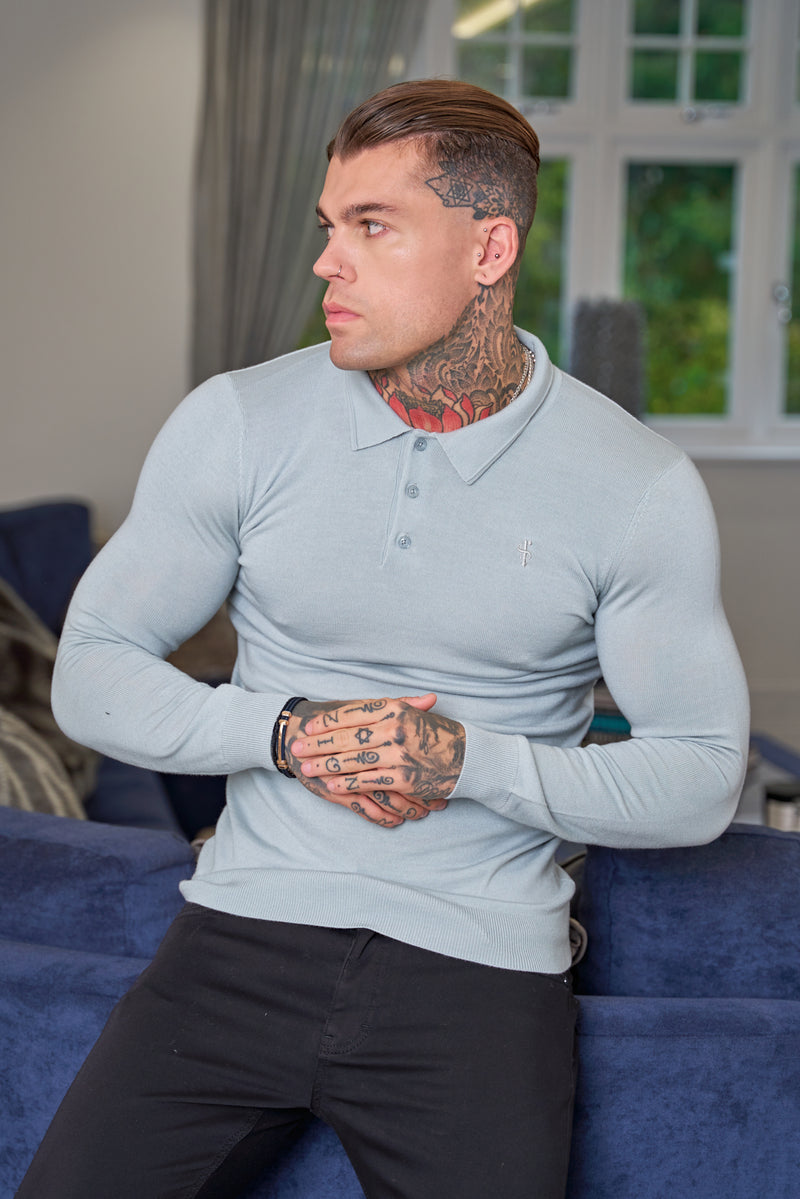 Father Sons Classic Grey Merino Wool Knitted Polo Sweater Long Sleeve With FS Embroidery- FSN017