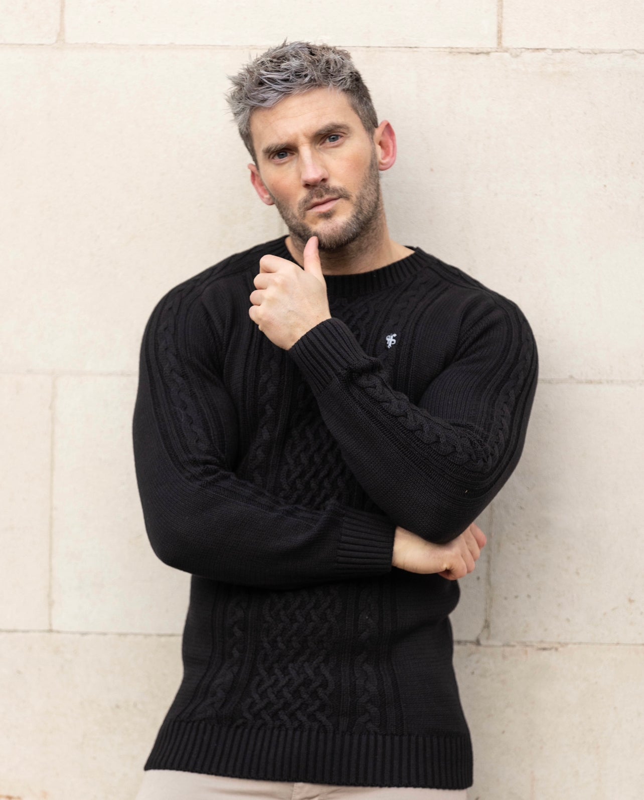 Father Sons Black Knitted Cable Saddle Crew Super Slim Sweater With Metal Decal - FSN073