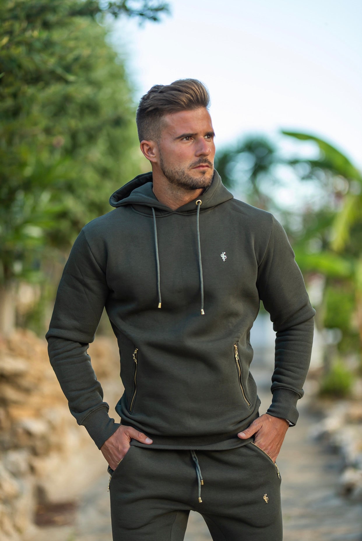 Khaki & Gold Overhead Hoodie Top with Zipped Pockets - FSH481