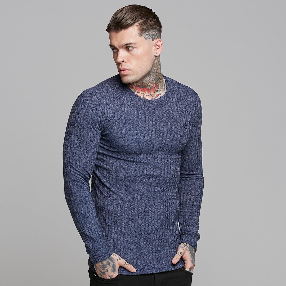 Classic Navy Ribbed Knit Super Slim Crew - FSH114