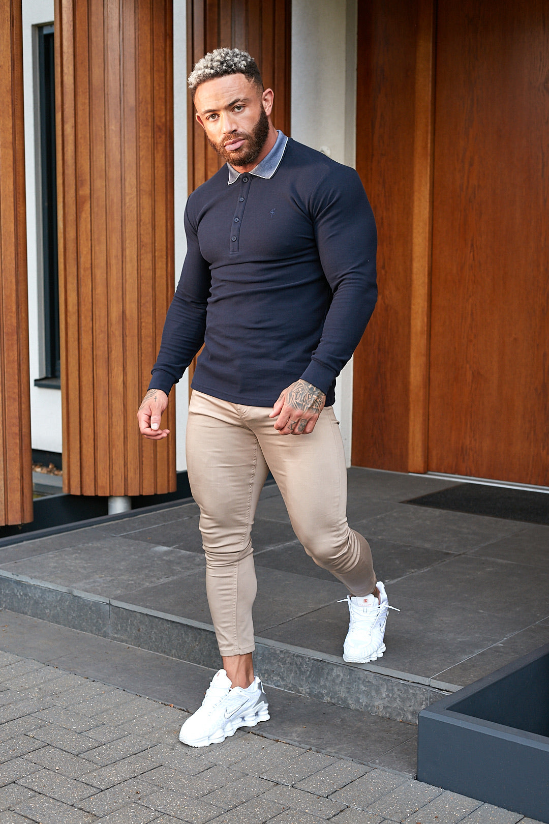 Classic Navy Honeycomb Textured Polo Shirt with Contrast Collar Long Sleeve  - FSH425