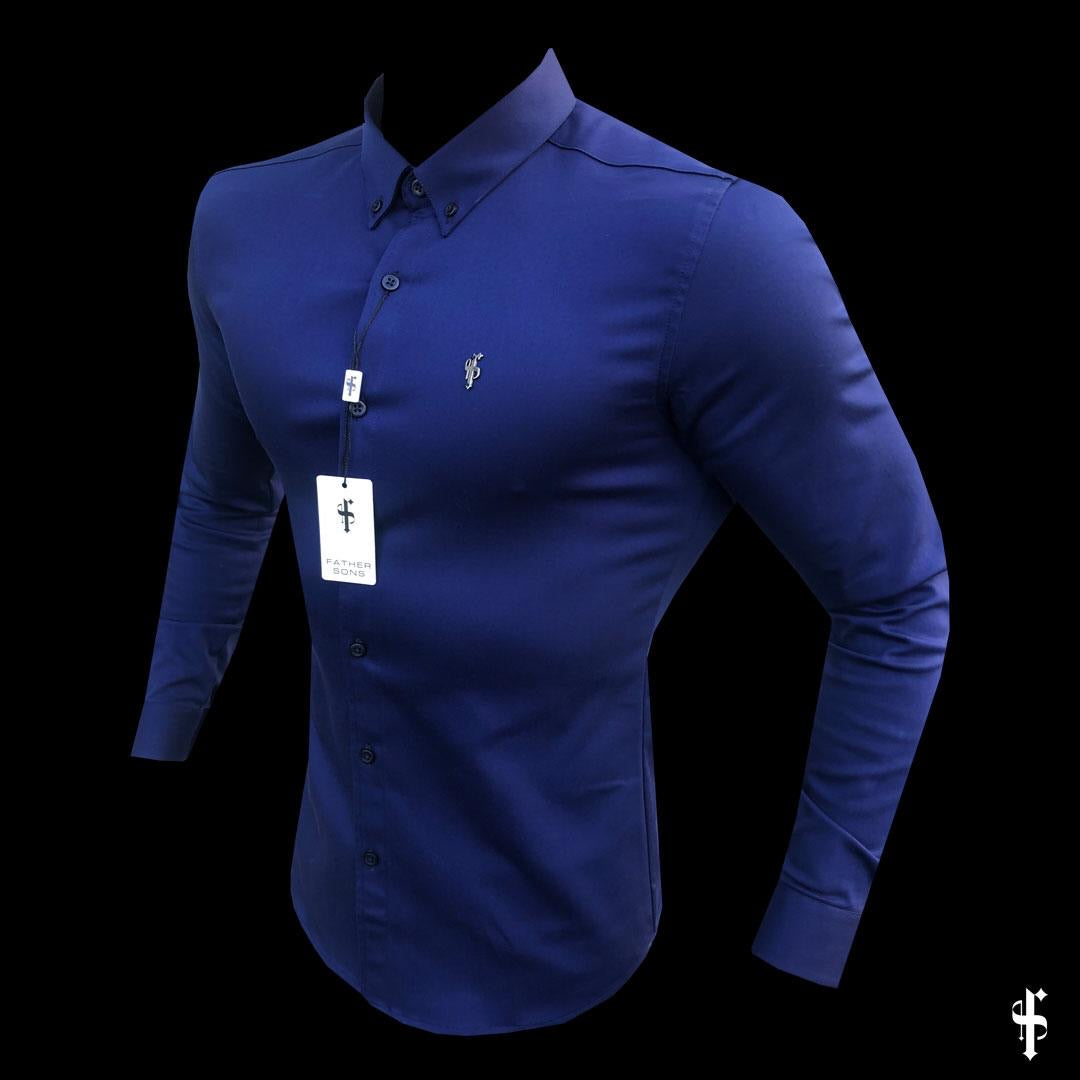 Super Slim Stretch Navy Denim Long Sleeve with Metal Decal Emblem - FS636