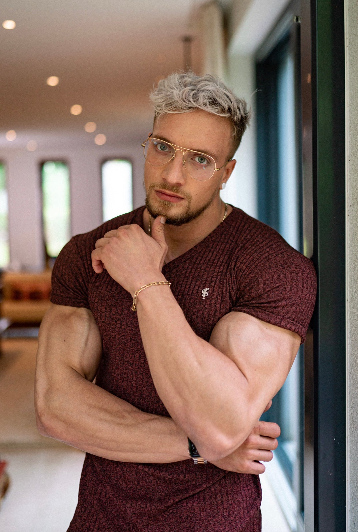 Classic Burgundy / Silver V Neck Ribbed Crew - FSH490